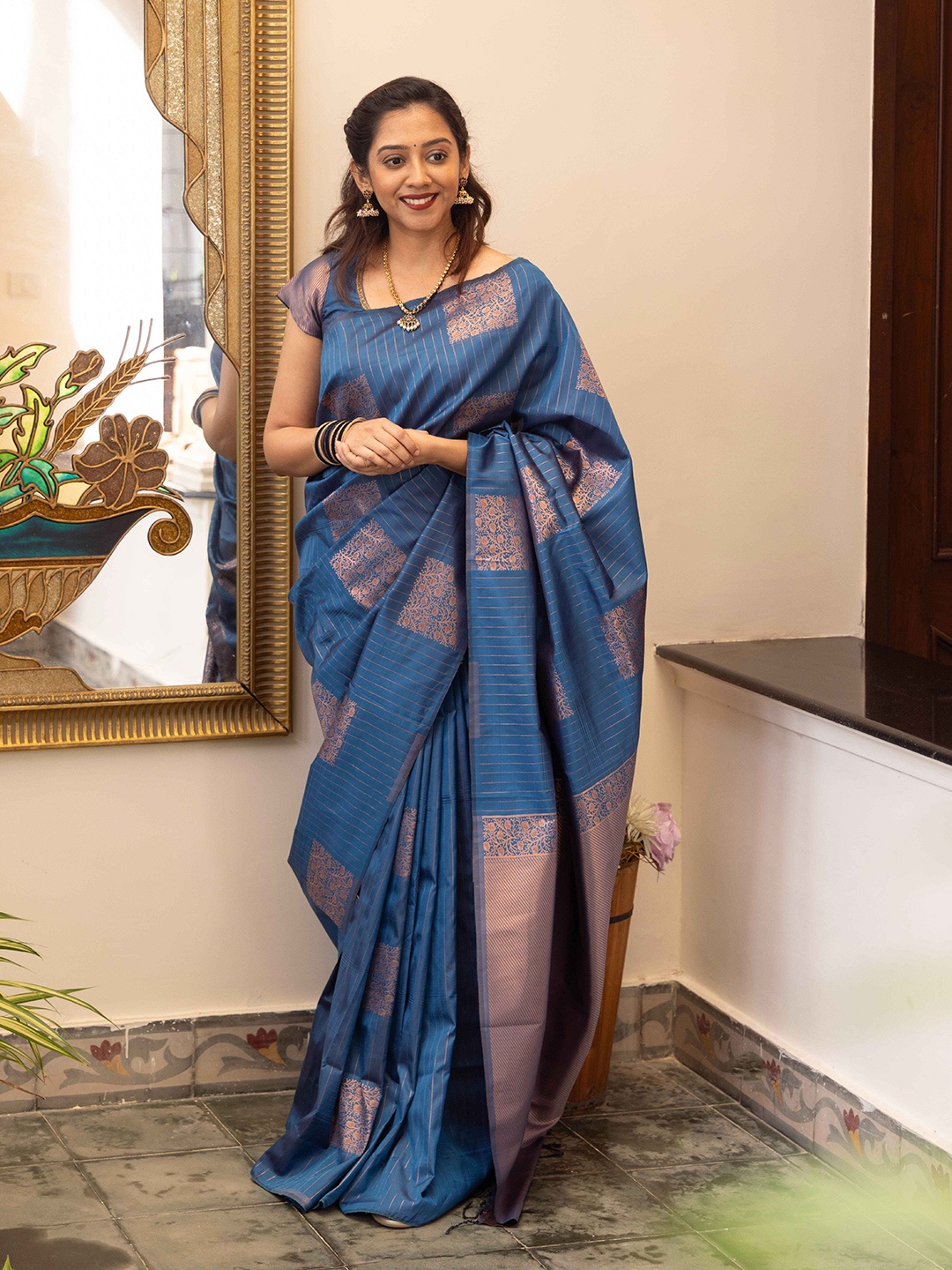 

Kancheepuram Kalakshetra Silks Woven Design Zari Silk Blend Kanjeevaram Saree, Blue