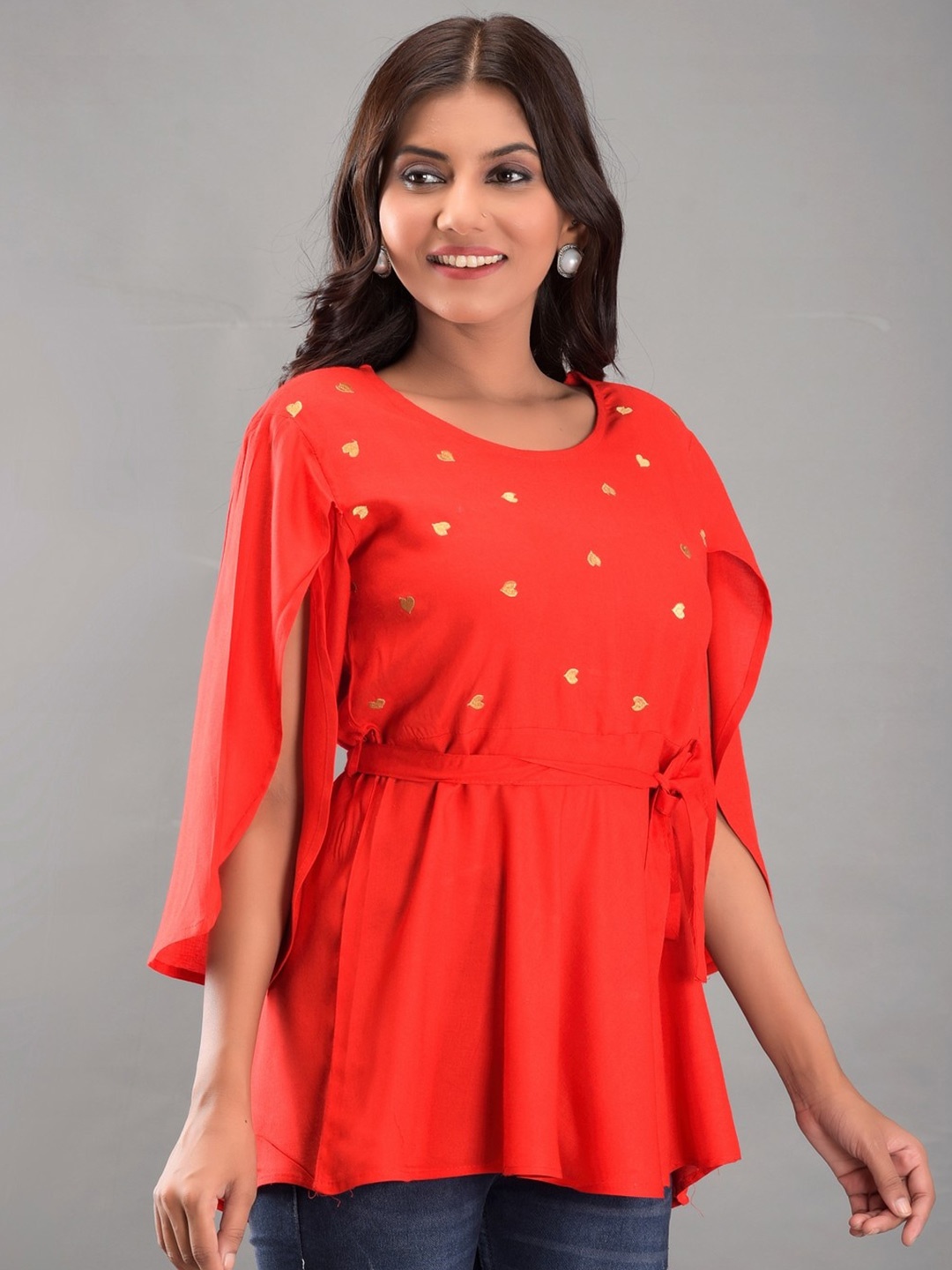 

SHOOLIN Abstract Embroidered Slit Sleeves Cinched Waist Top, Red
