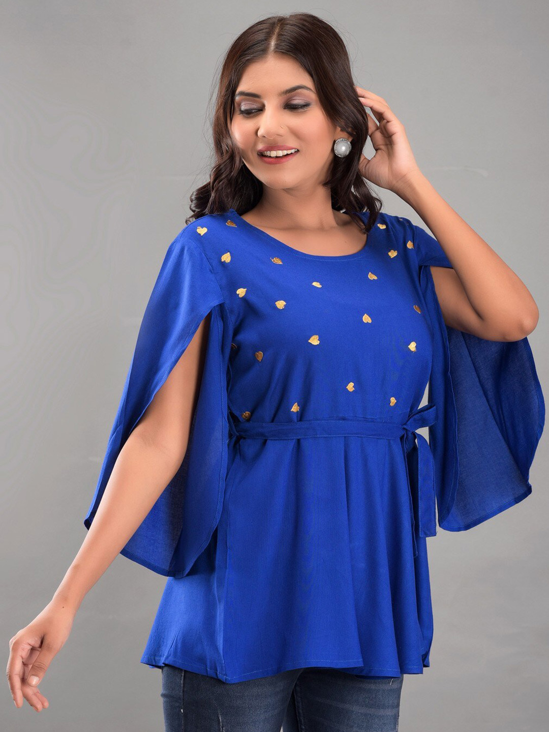 

SHOOLIN Embroidered Flared Sleeve Top, Blue