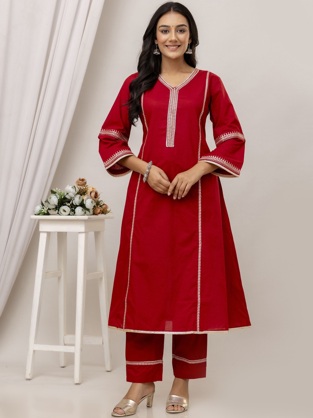 

SHOOLIN Floral Embroidered Empire Gotta Patti Pure Cotton A-Line Kurta with Trousers, Maroon