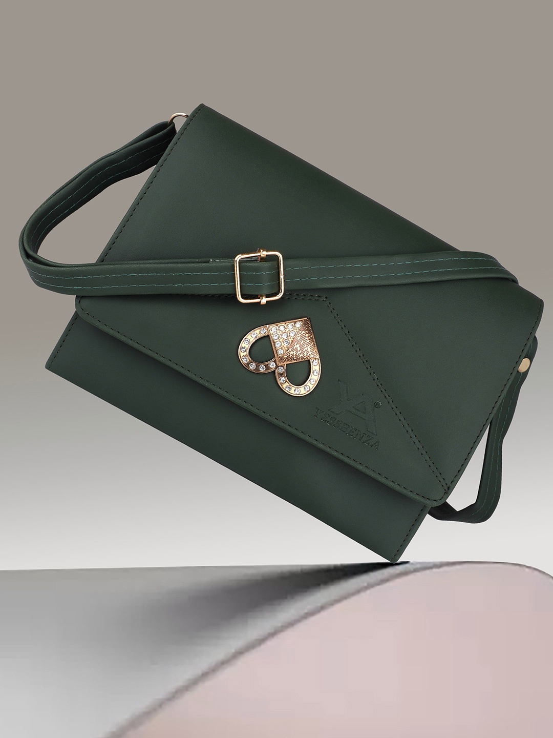 

YESSBENZA Women Solid Structured Sling Bag with Cut Work, Green