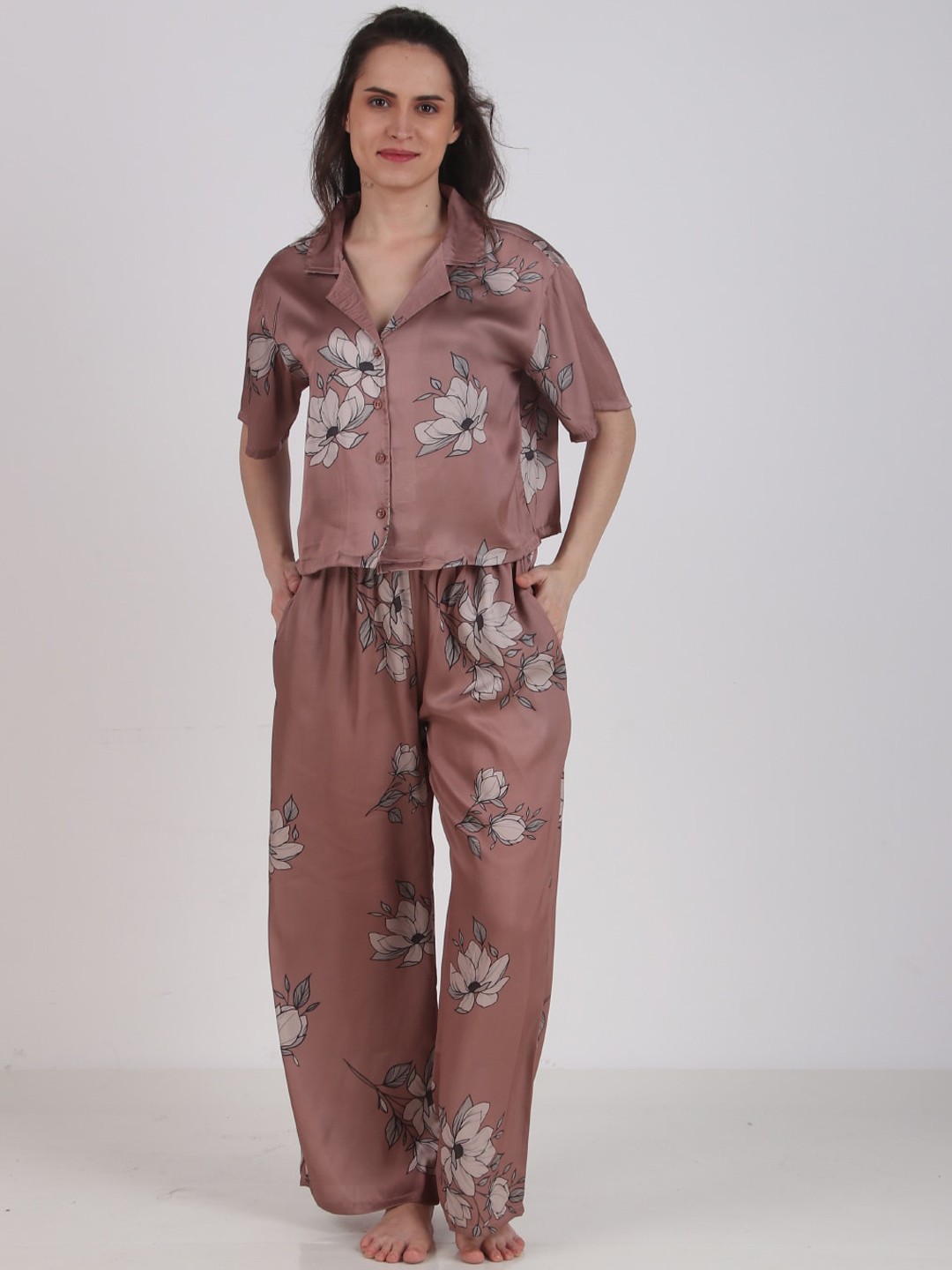 

Masha Floral Printed Lapel Collar Satin Night suit, Brown