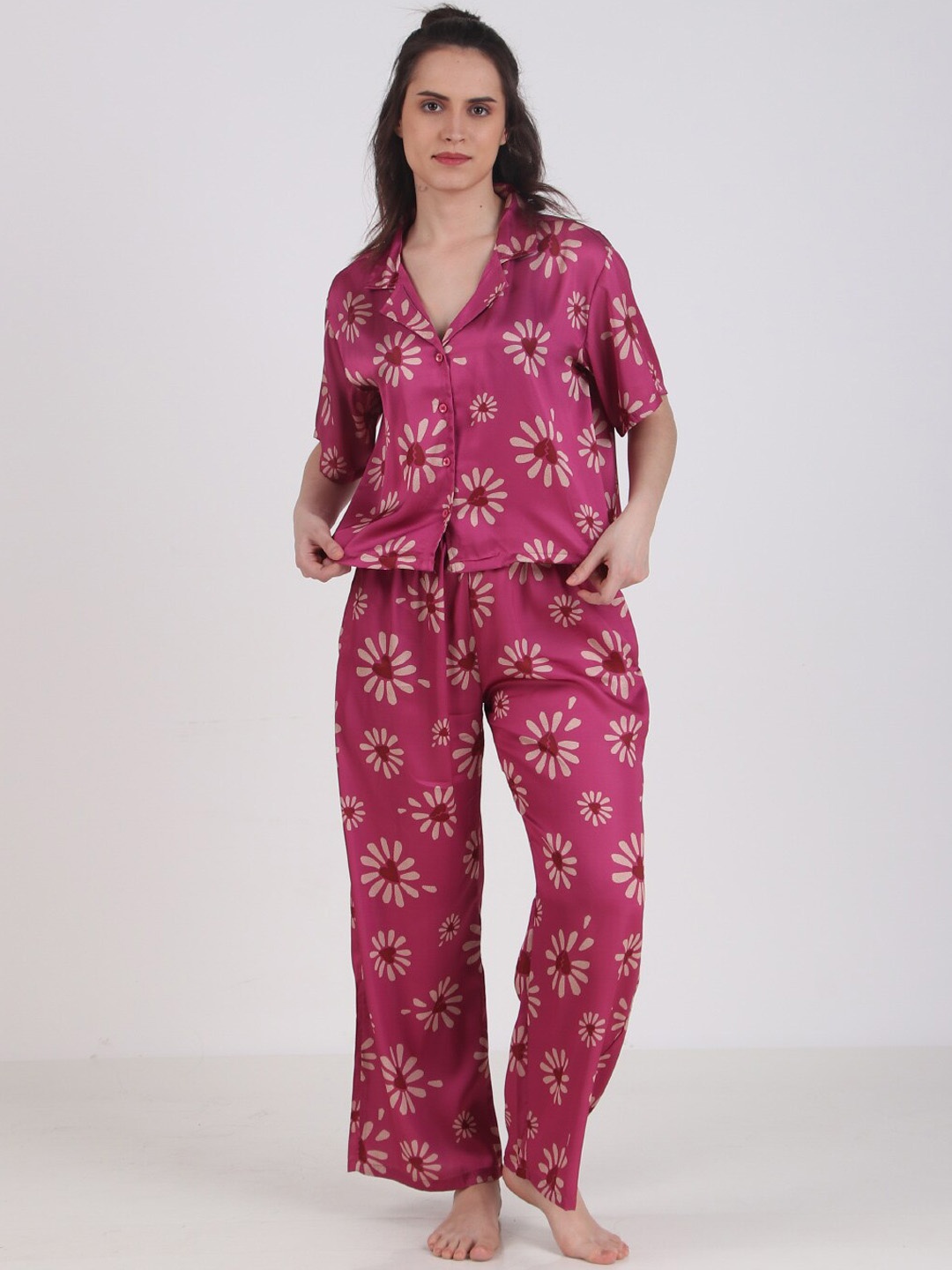 

Masha Floral Printed Lapel Collar Satin Night suit, Fuchsia