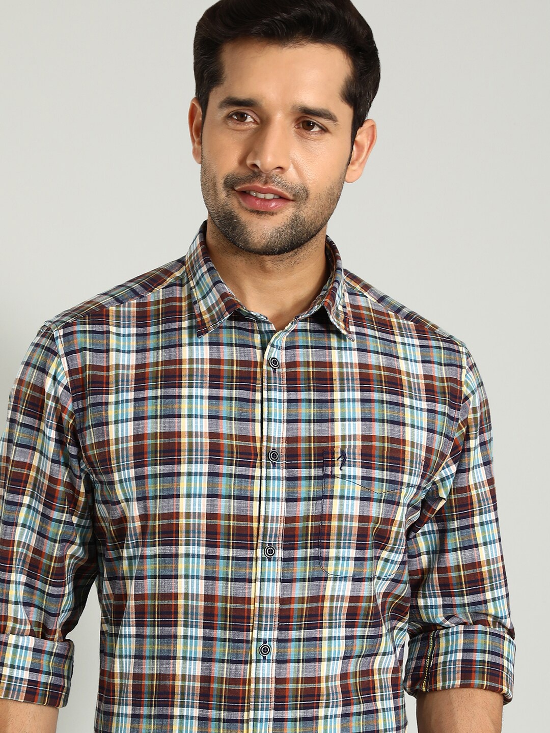 

Indian Terrain Tartan Checked Spread Collar Classic Slim Fit Cotton Casual Shirt, Red