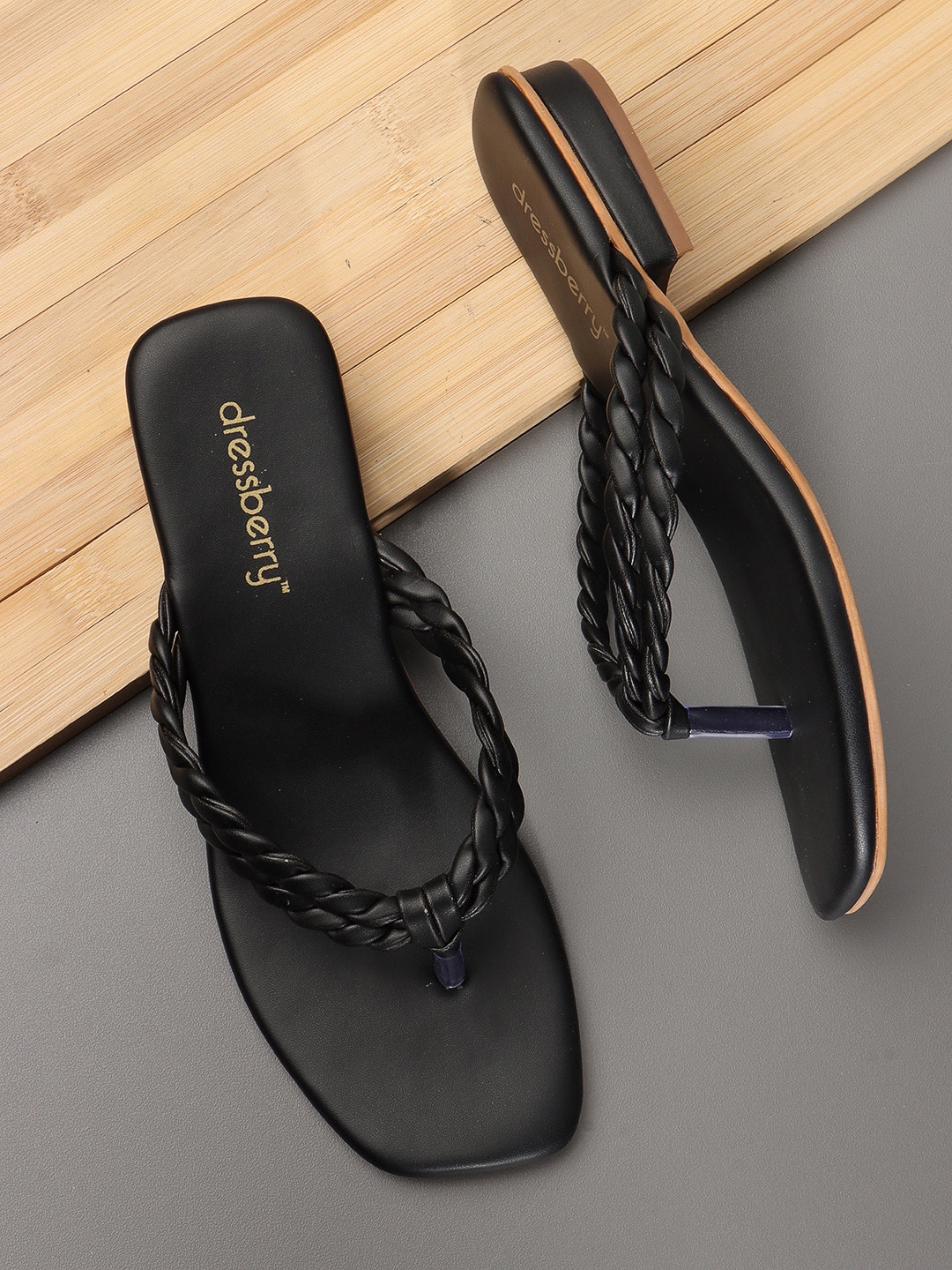 

DressBerry Black Textured Open Toe Flats