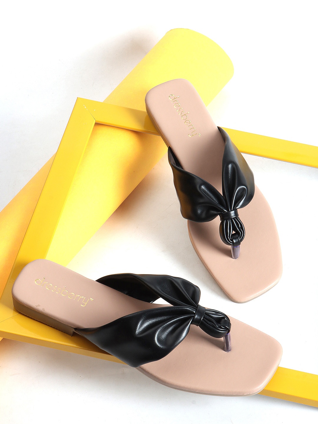 

DressBerry Black Open Toe T-Strap Flats