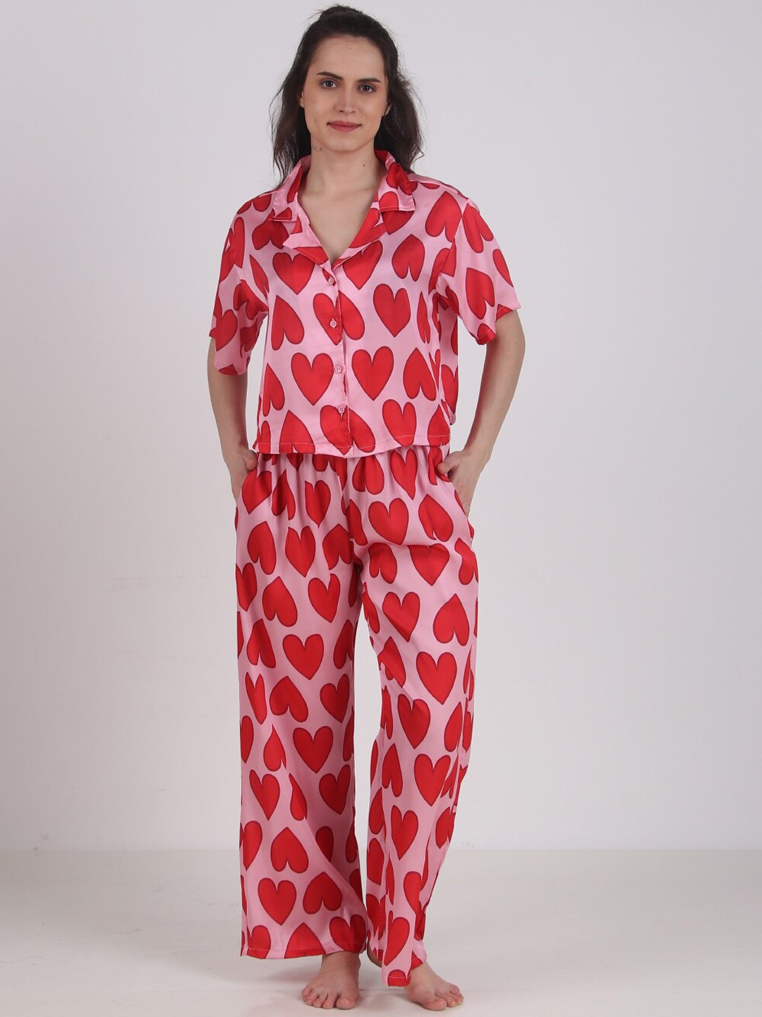 

Masha Conversational Printed Lapel Collar Satin Night suit, Red