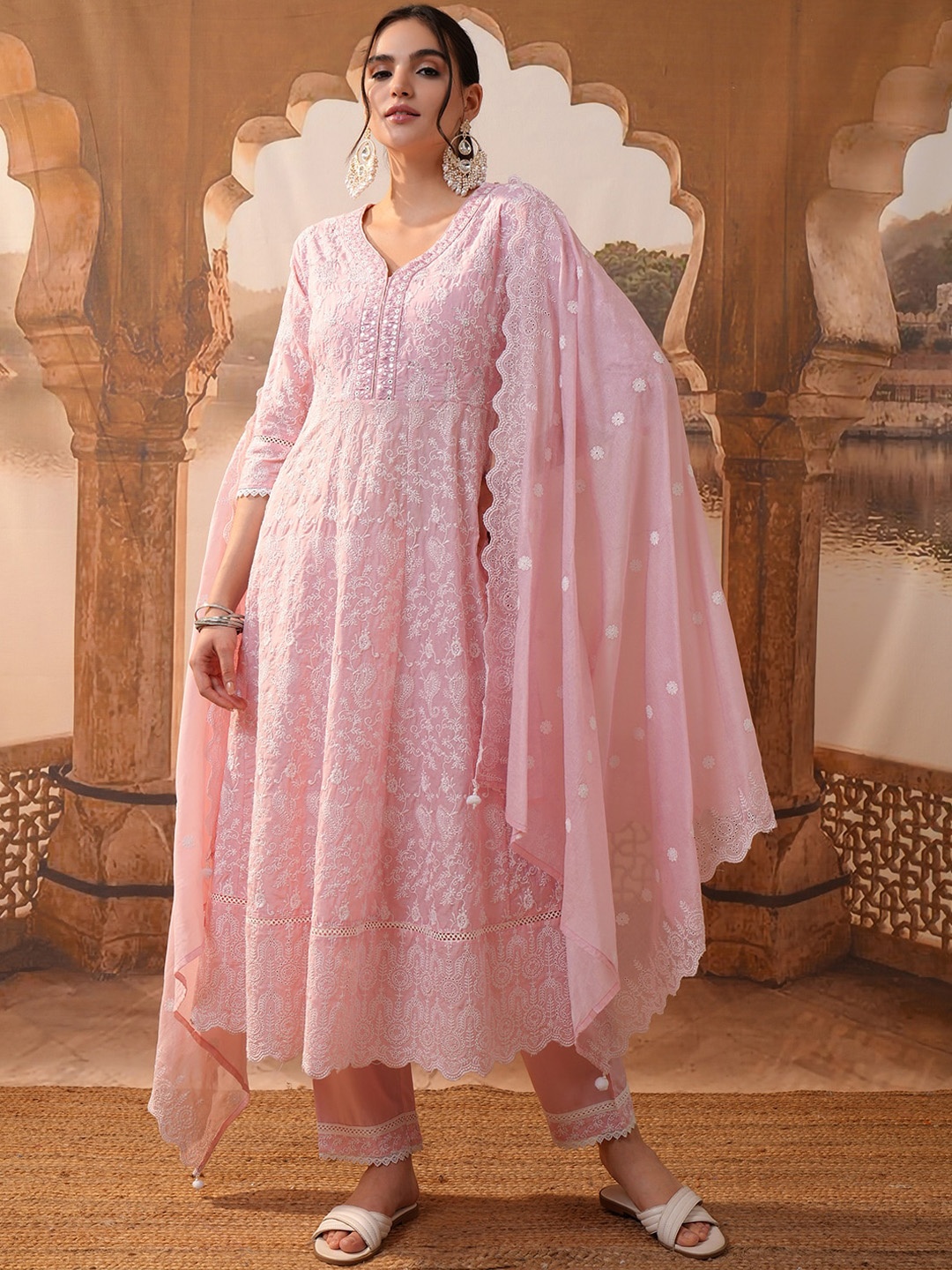 

Vishudh Pink Paisley Embroidered Pure Cotton Anarkali Kurta With Trousers & Dupatta