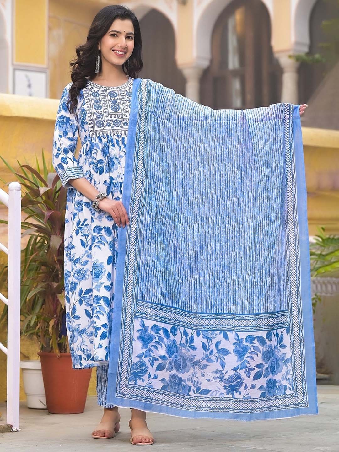 

KALINI Floral Printed Regular Thread work Kurta With Trousers & Dupatta, Blue