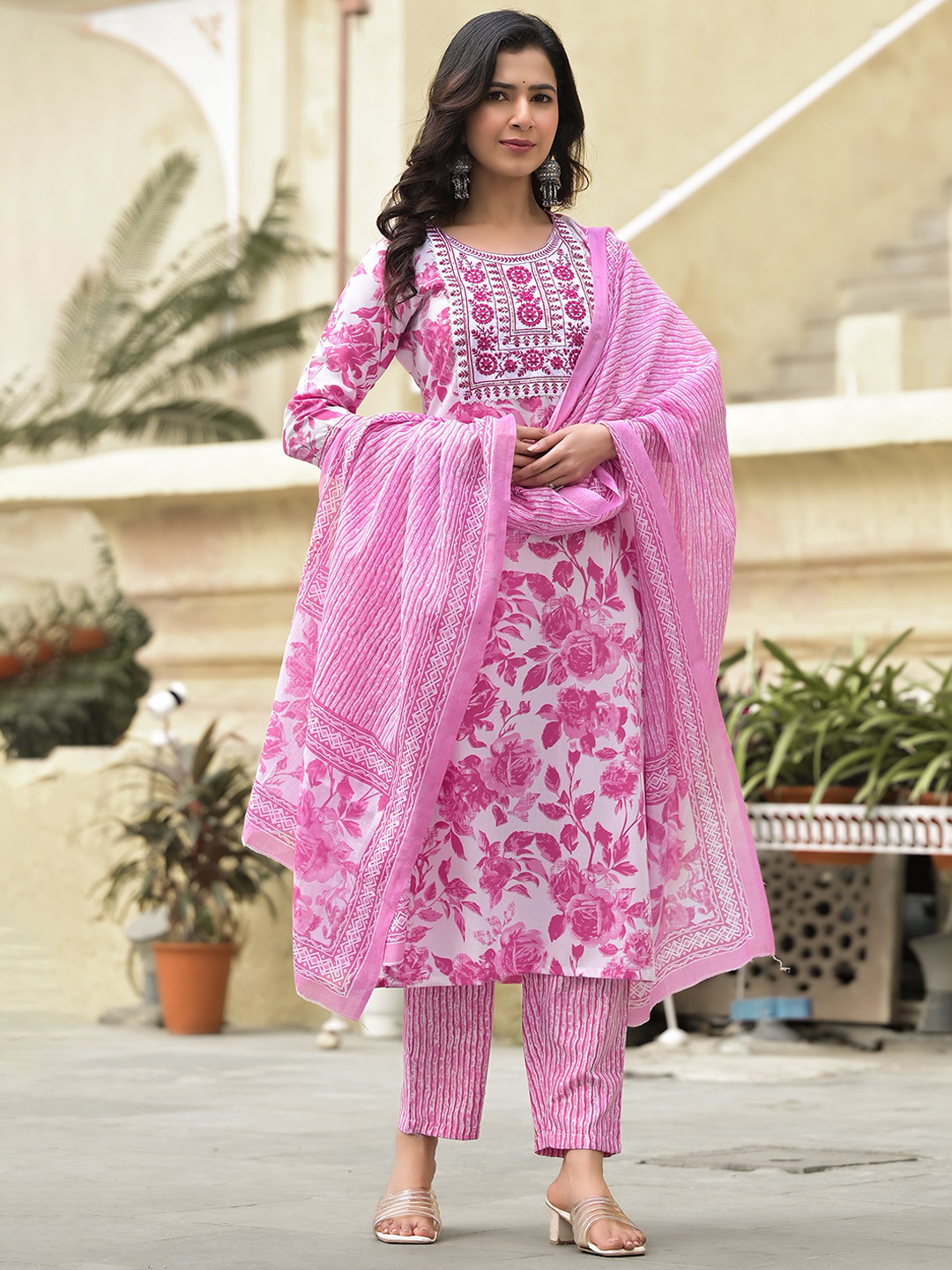 

KALINI Floral Printed Regular Thread Work Kurta With Trousers & Dupatta, Pink