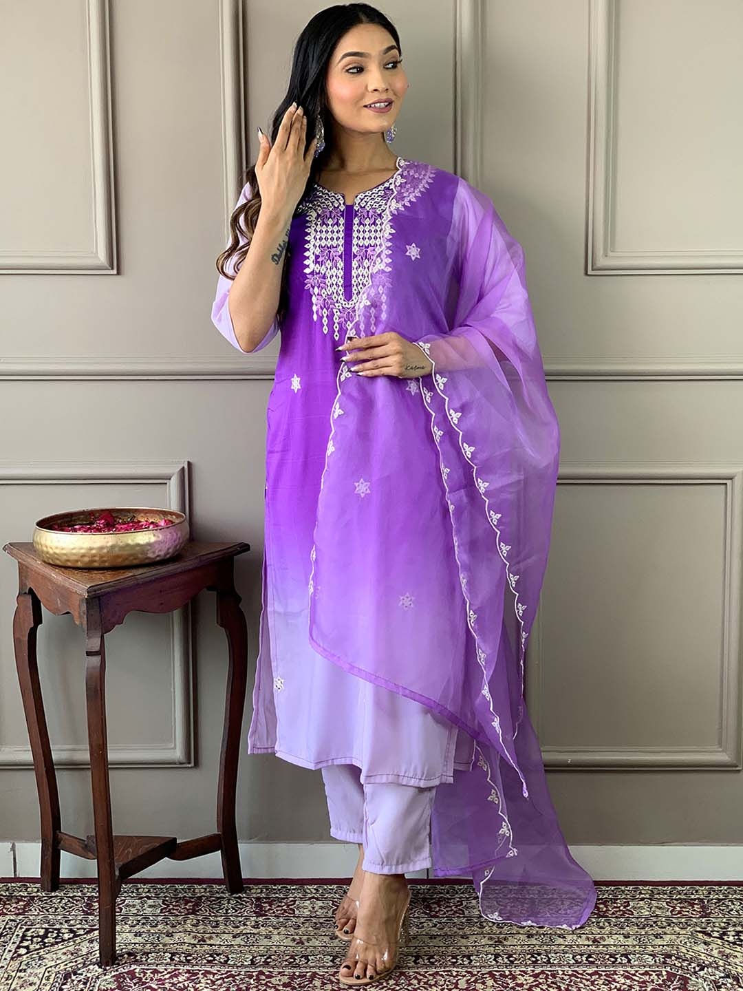 

KALINI Floral Embroidered Regular Thread Work Kurta with Trousers & With Dupatta, Lavender