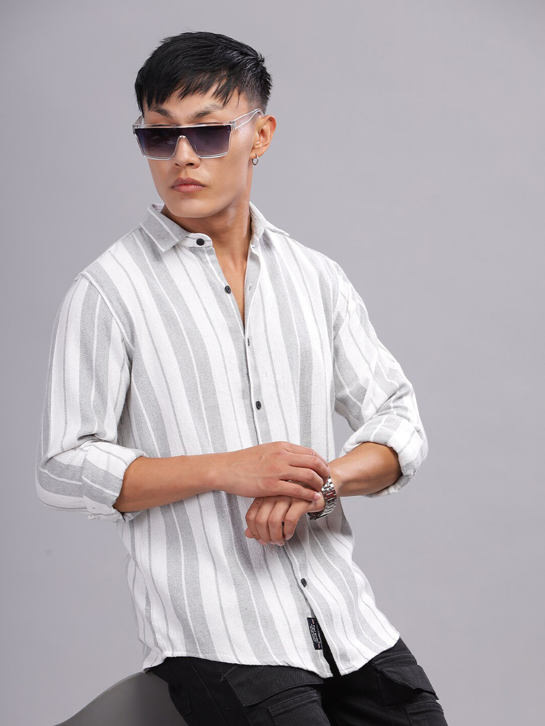 

PAUL STREET Standard Slim Fit Striped Spread Collar Cotton Shirt, White