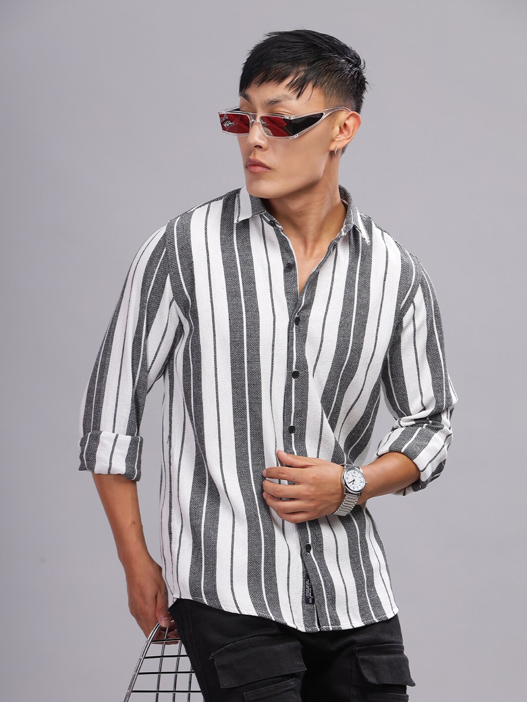 

PAUL STREET Standard Slim Fit Multi Striped Spread Collar Cotton Shirt, White