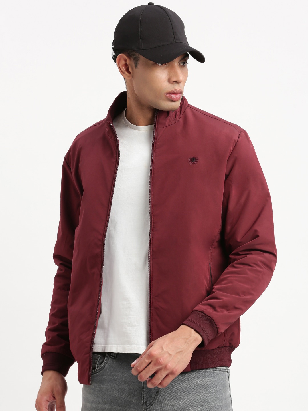 

SHOWOFF Mock Collar Windcheater Bomber Jacket, Maroon