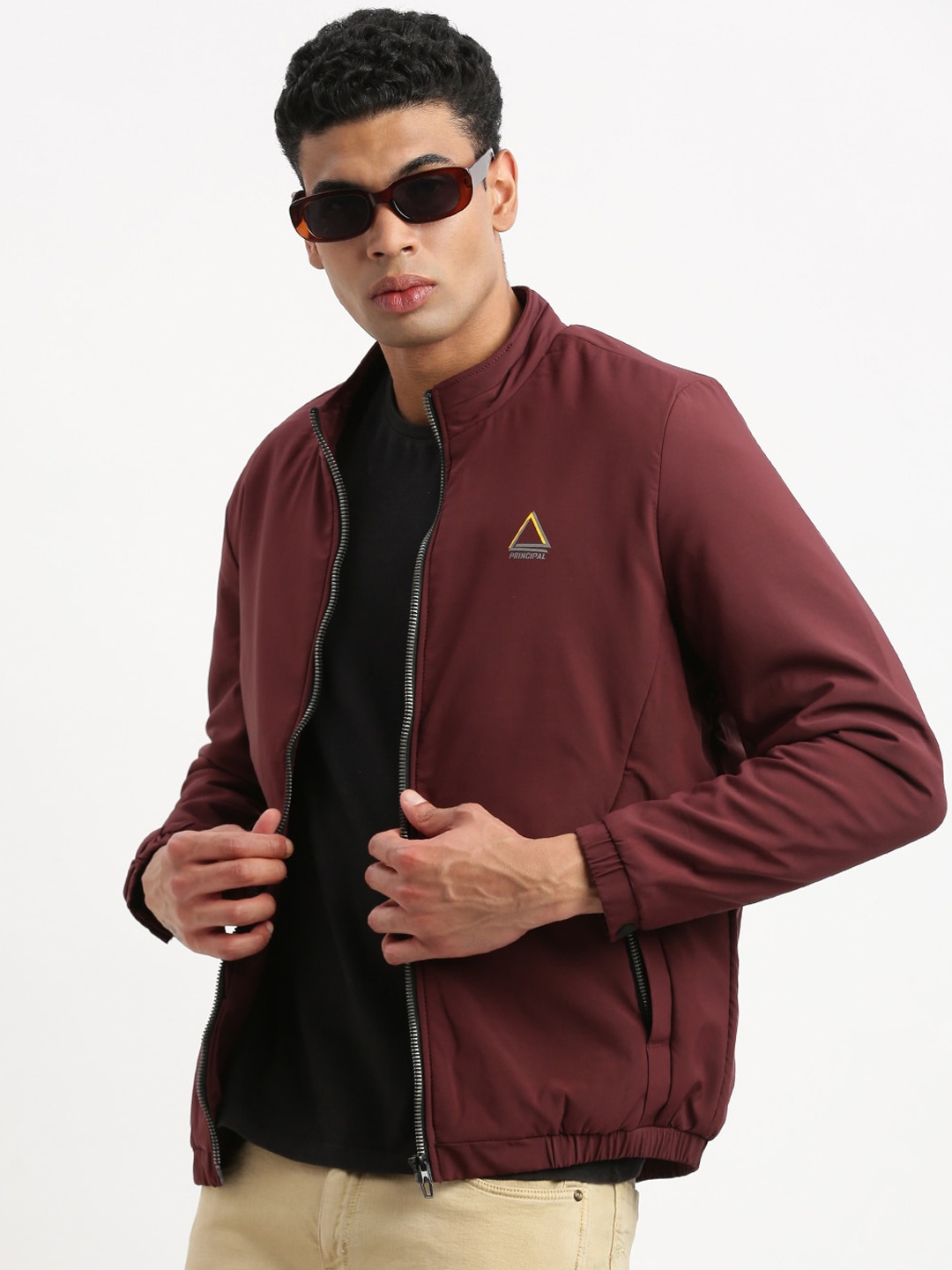 

SHOWOFF Long Sleeves Mock Collar Windcheater Bomber Jacket, Maroon