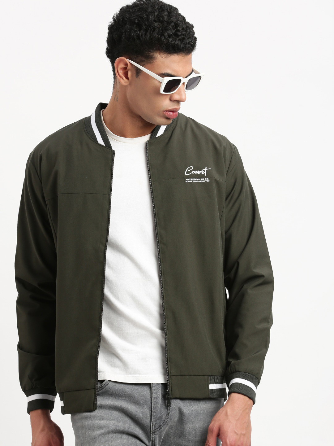 

SHOWOFF Long Sleeves Stand Collar Windcheater Bomber Jacket, Olive