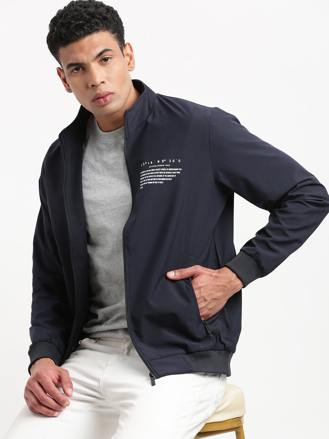 

SHOWOFF Mock Collar Windcheater Bomber Jacket, Navy blue