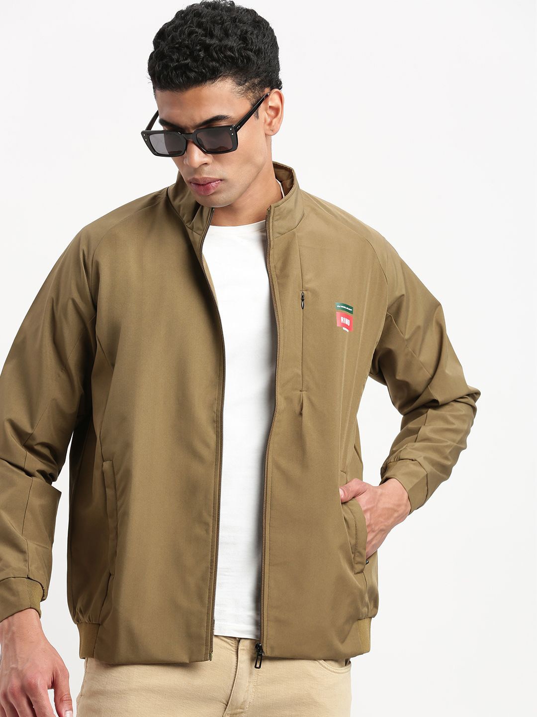 

SHOWOFF Long Sleeves Mock Collar Bomber Jacket, Olive