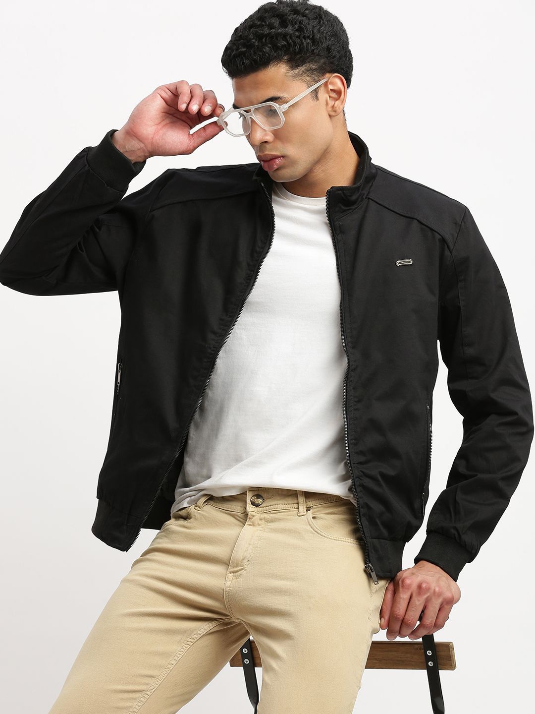 

SHOWOFF Long Sleeves Mock Collar Windcheater Bomber Jacket, Black