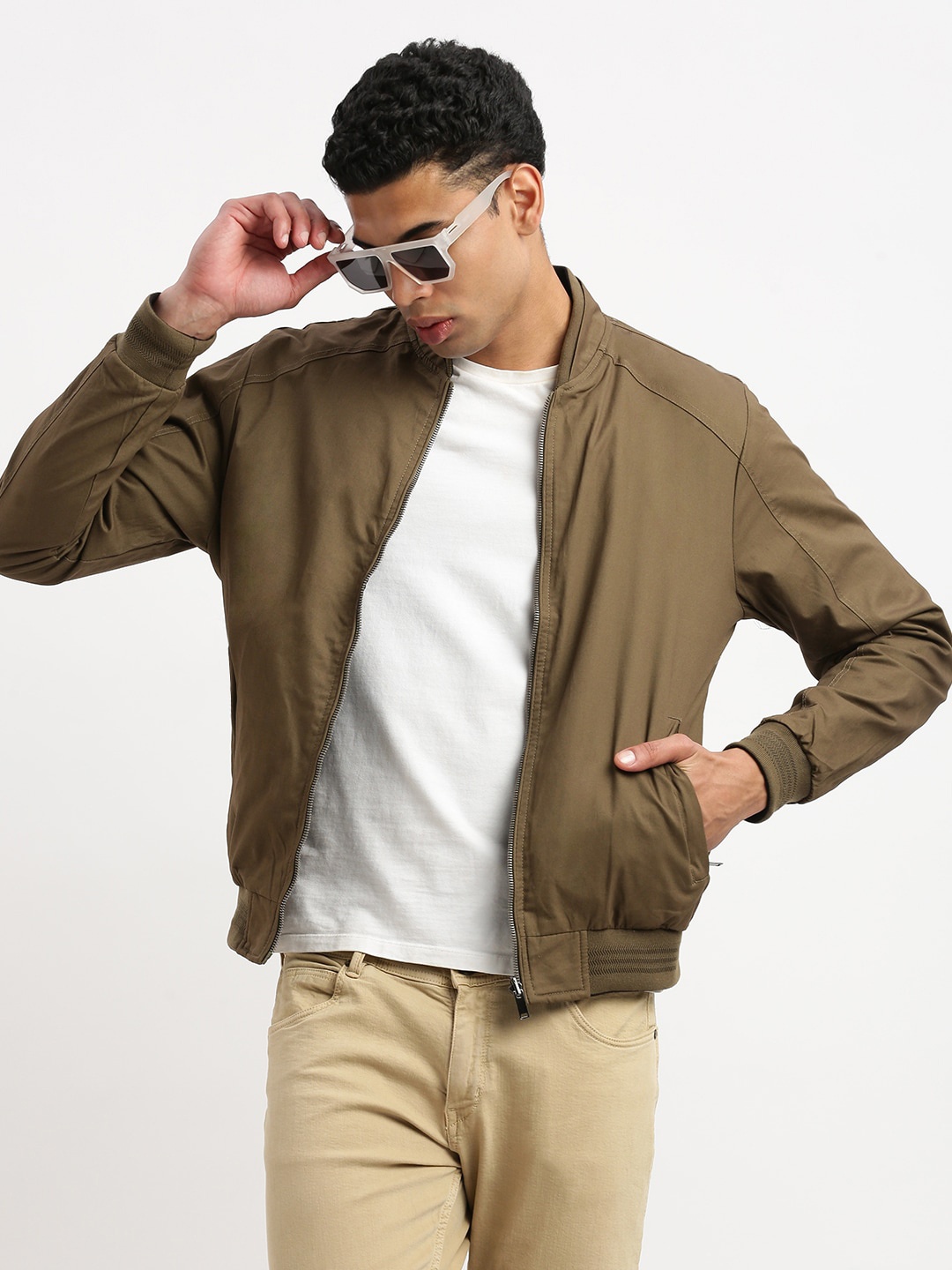 

SHOWOFF Mock Collar Windcheater Reversible Bomber Jacket, Brown