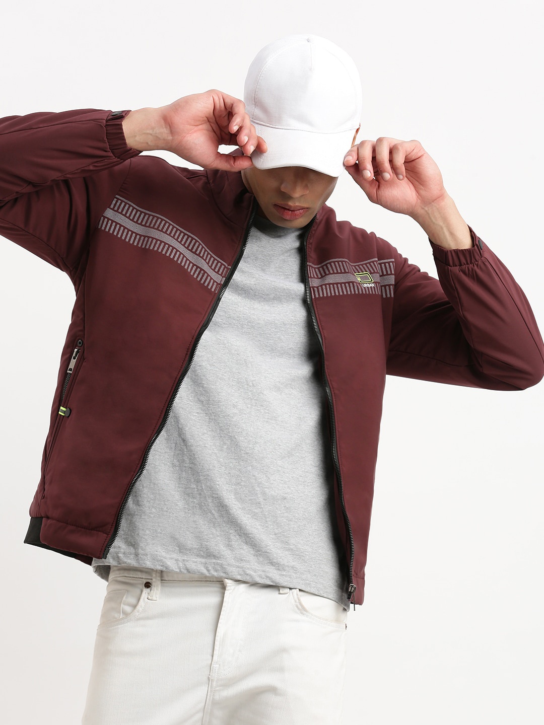 

SHOWOFF Geometric Printed Mock Collar Windcheater Bomber Jacket, Maroon