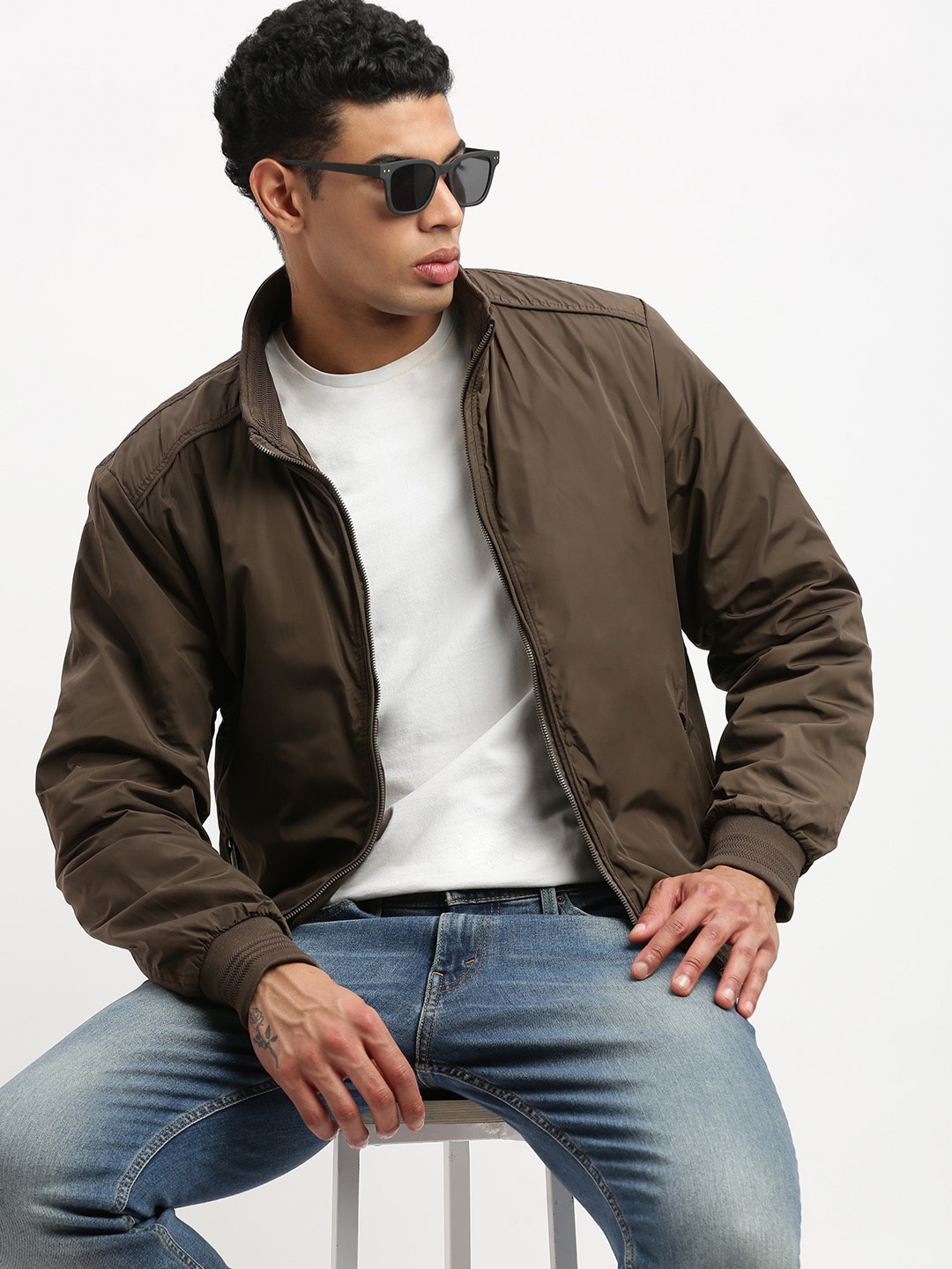 

SHOWOFF Mock Collar Windcheater Bomber Jacket, Brown