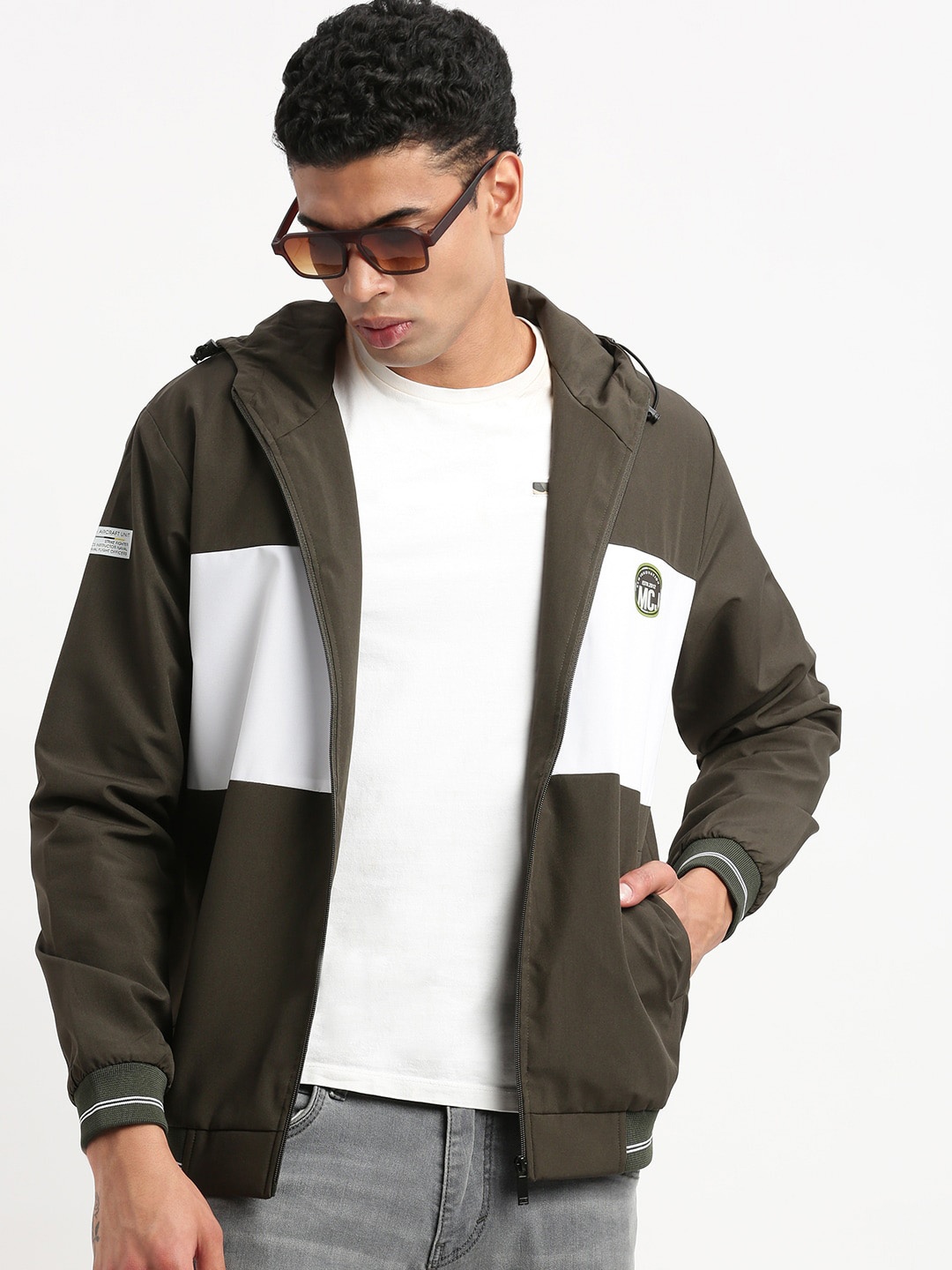 

SHOWOFF Colourblocked Hooded Windcheater Bomber Jacket, Olive