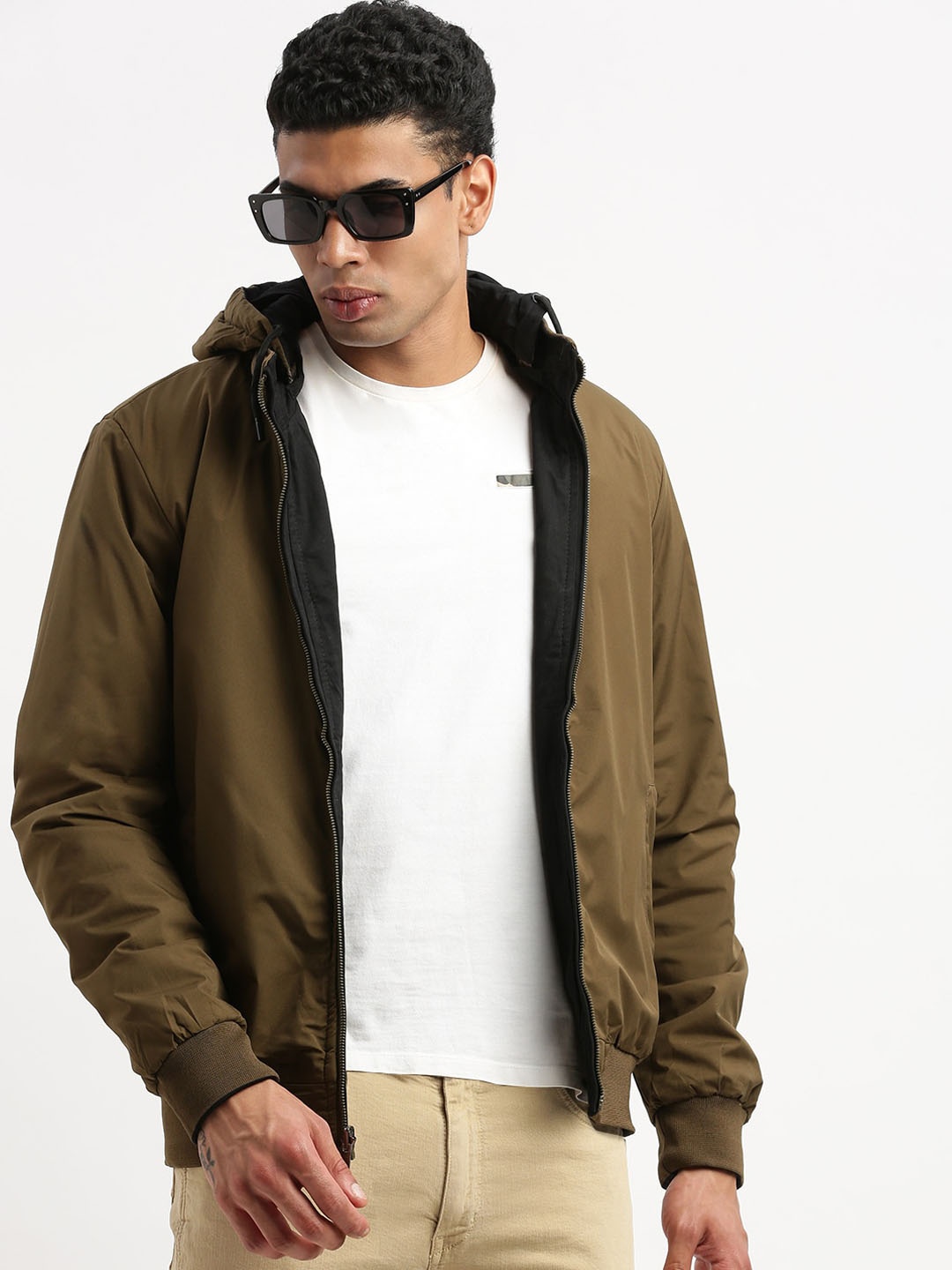 

SHOWOFF Hooded Reversible Windcheater Bomber Jacket, Black