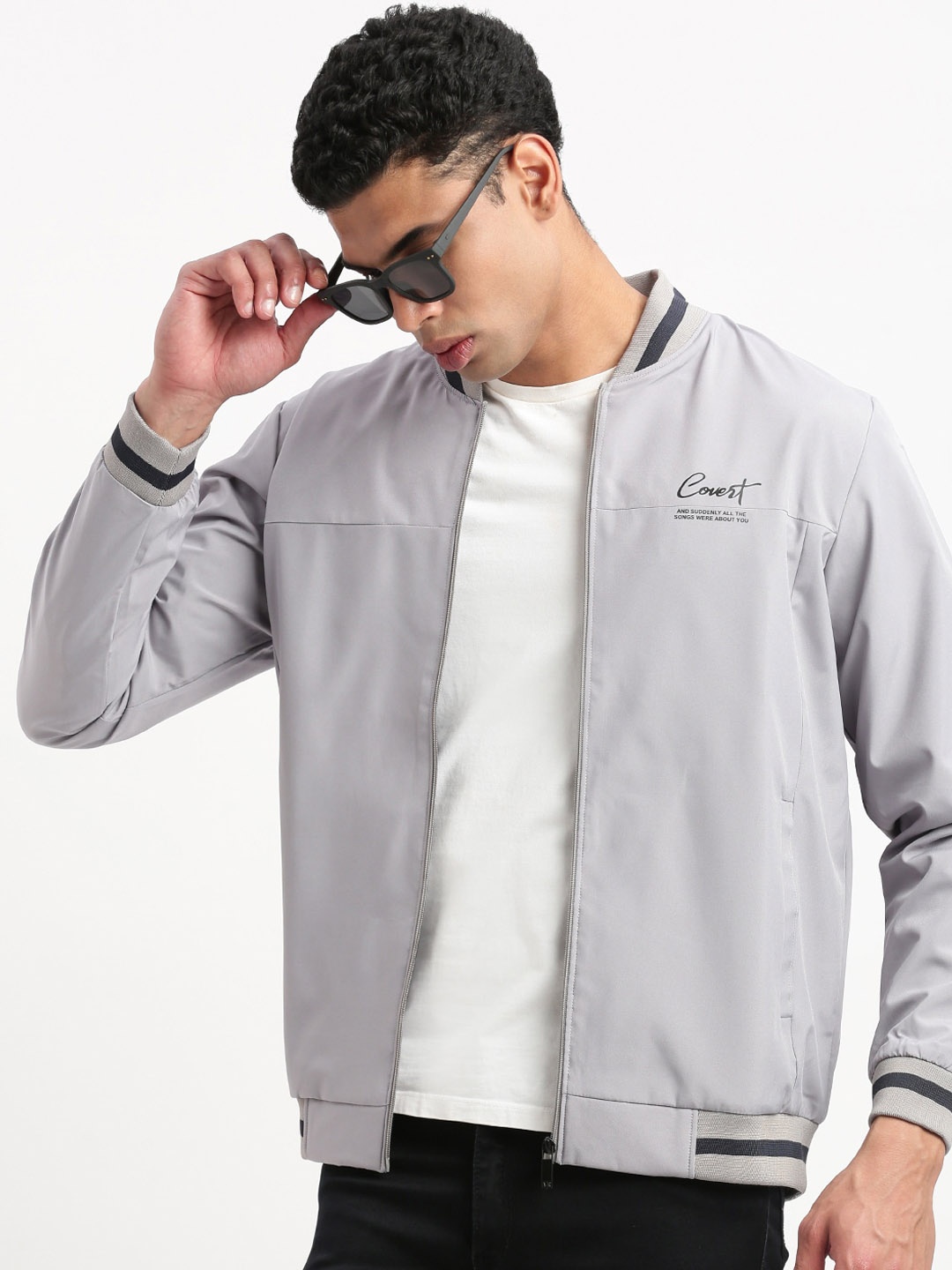 

SHOWOFF Long Sleeves Stand Collar Windcheater Bomber Jacket, Grey
