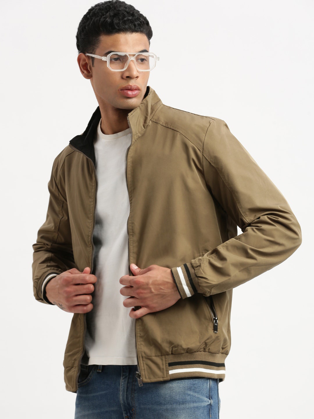 

SHOWOFF Mock Collar Reversible Windcheater Bomber Jacket, Olive