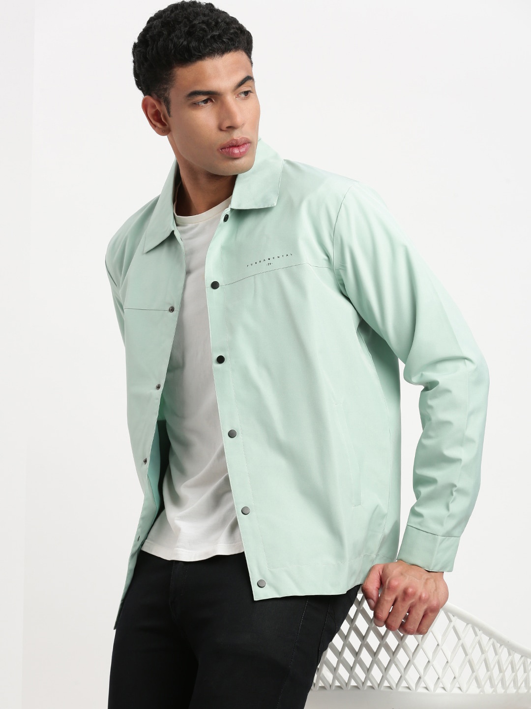 

SHOWOFF Spread Collar Windcheater Denim Jacket, Sea green