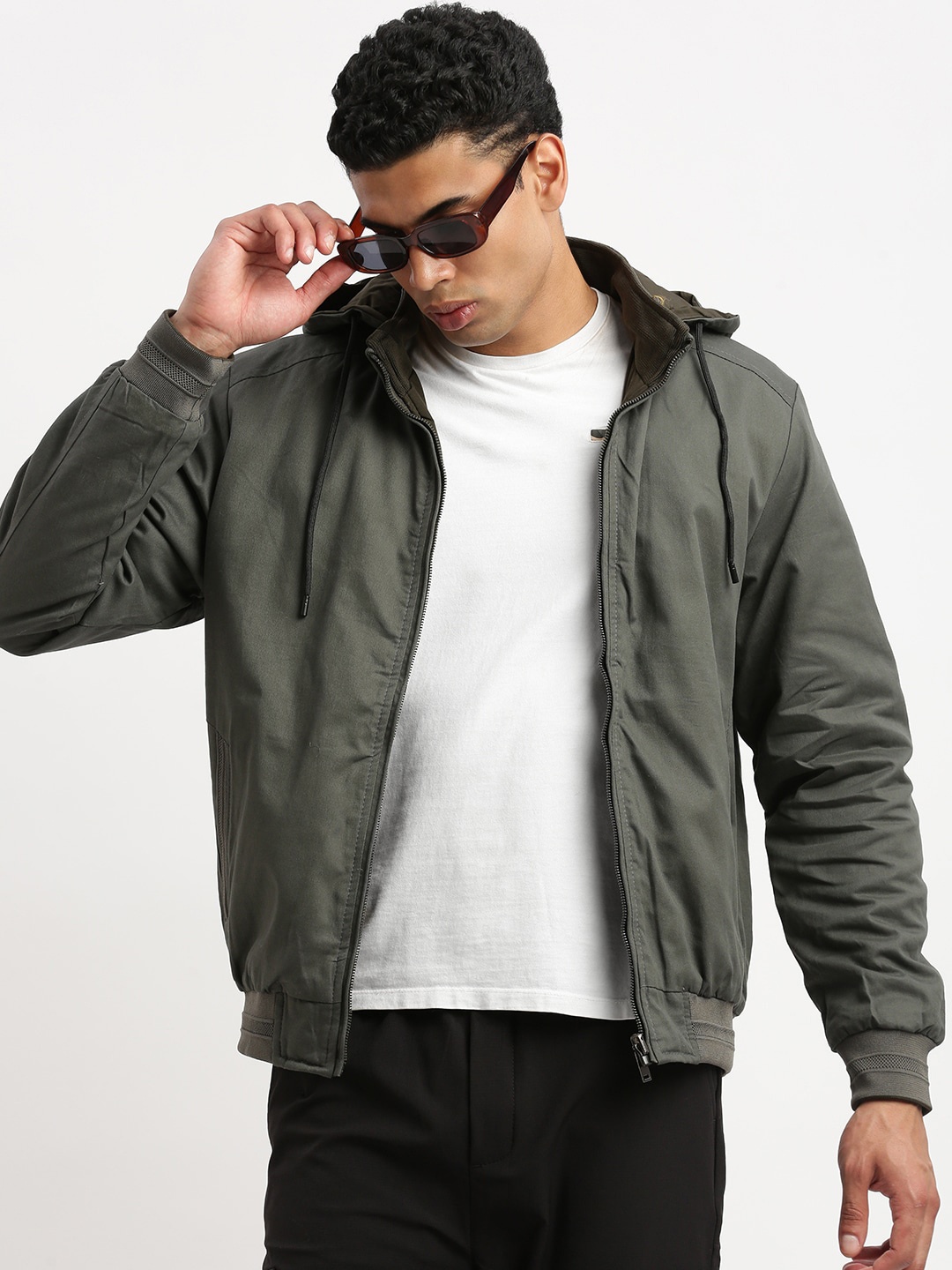 

SHOWOFF Hooded Reversible Windcheater Cotton Bomber Jacket, Grey