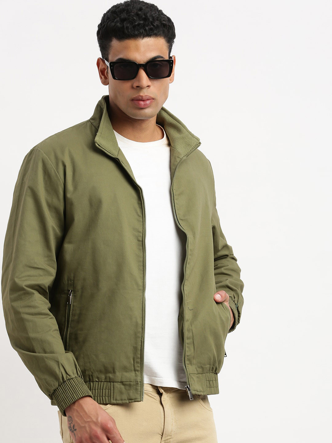 

SHOWOFF Mock Collar Windcheater Cotton Bomber Jacket, Olive