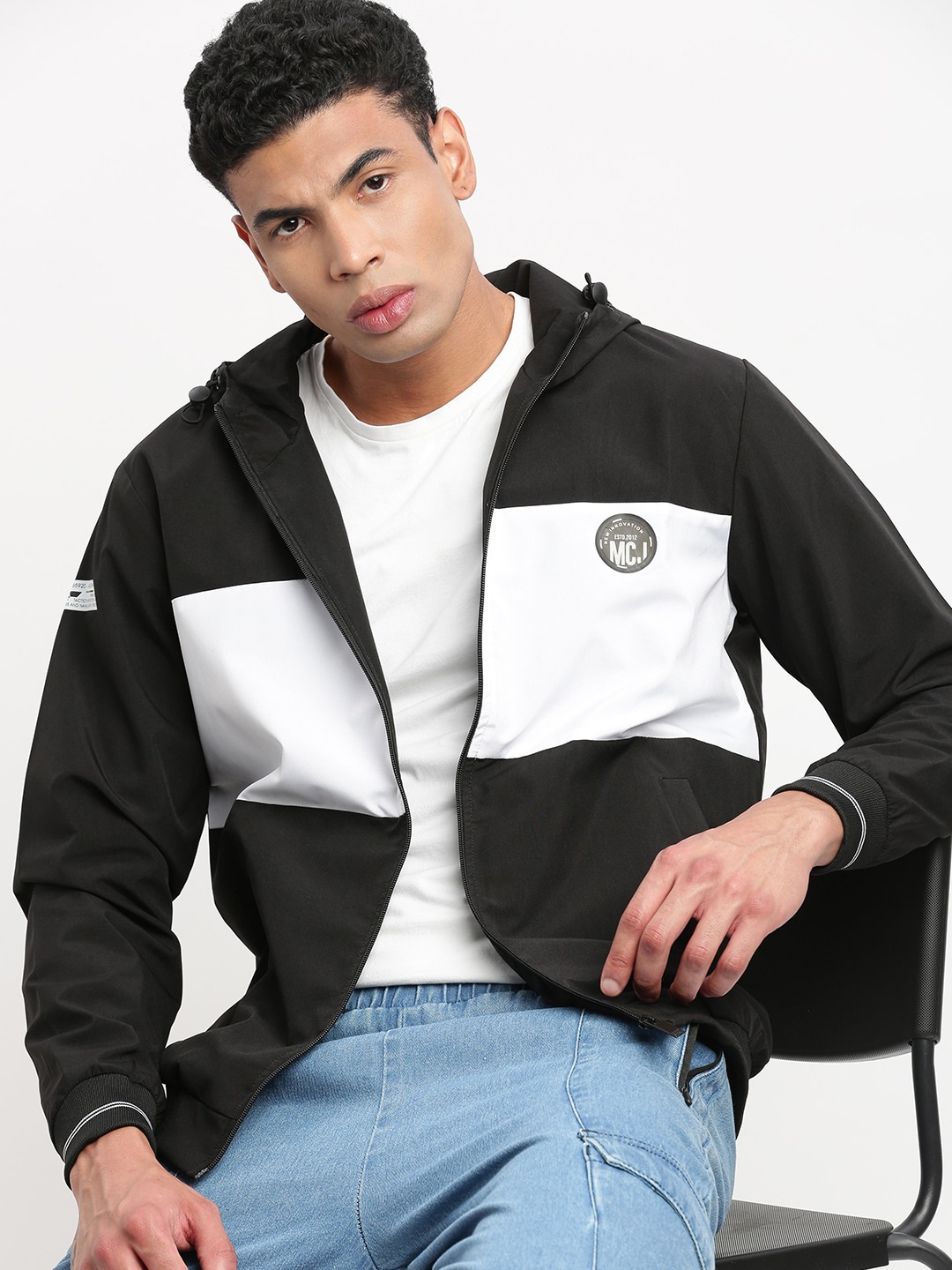 

SHOWOFF Colourblocked Hooded Windcheater Bomber Jacket, Black