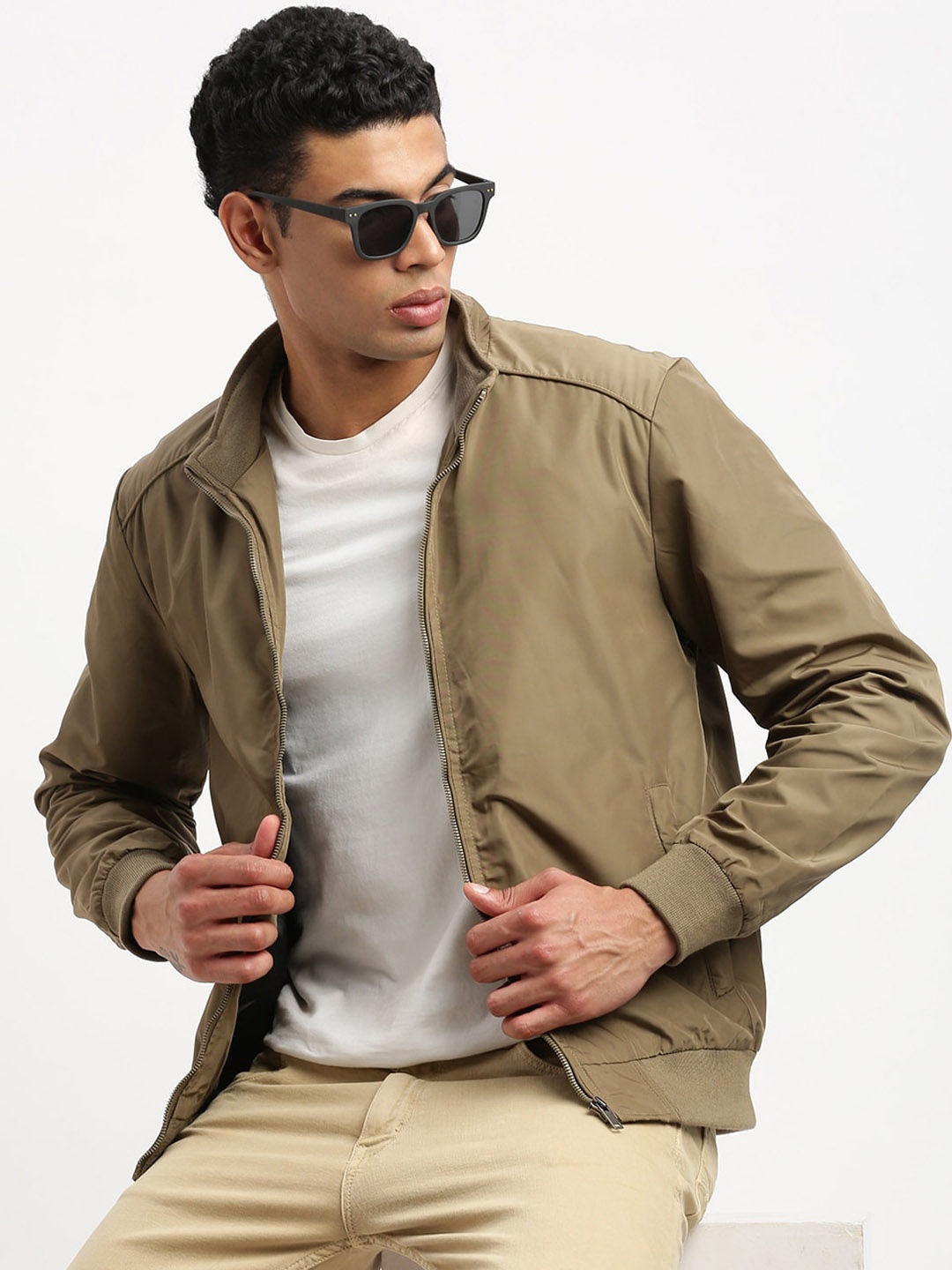 

SHOWOFF Mock Collar Windcheater Bomber Jacket, Khaki