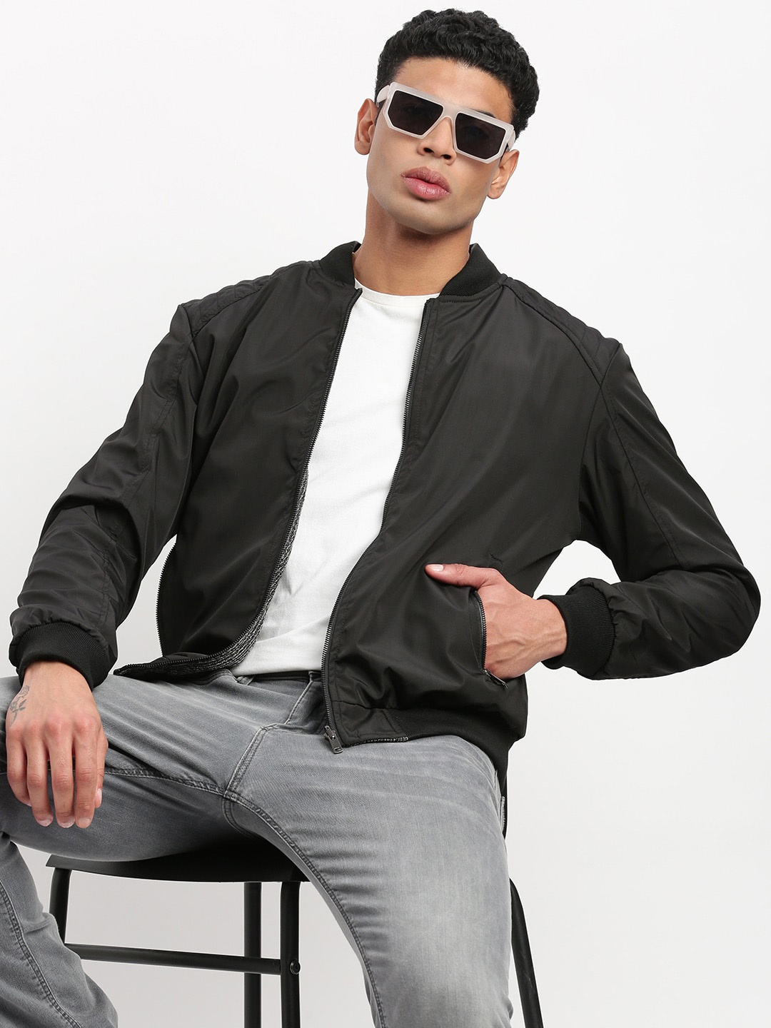 

SHOWOFF Self Design Stand Collar Windcheater Bomber Jacket, Black