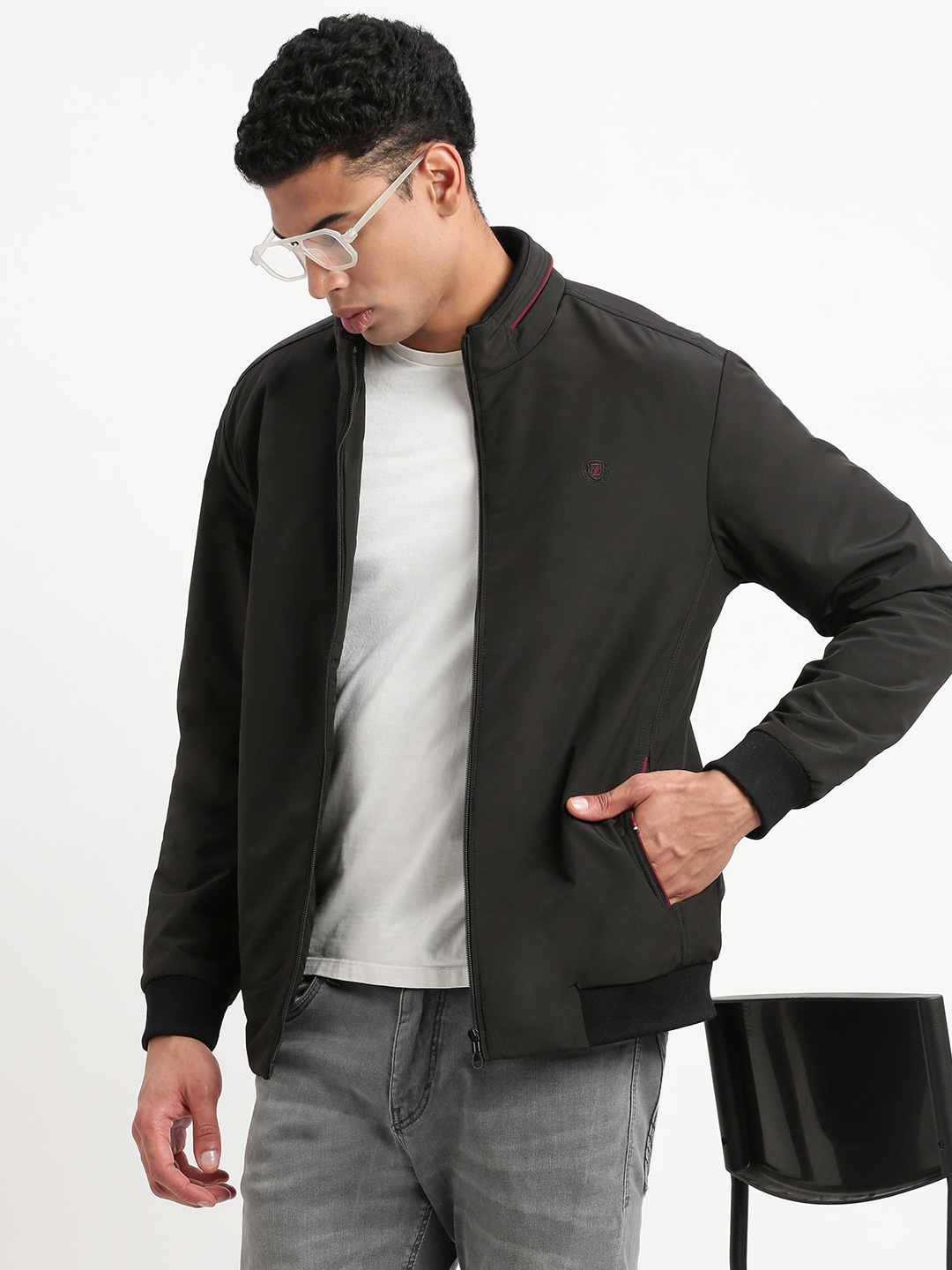 

SHOWOFF Long Sleeves Windcheater Mock Collar Bomber Jacket, Black