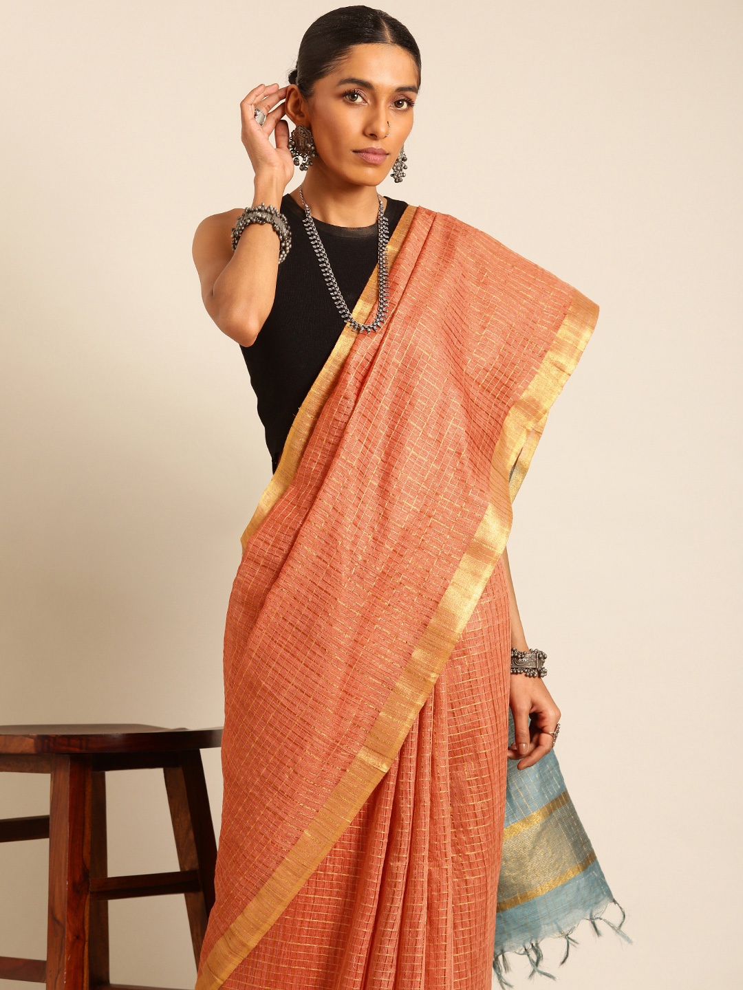 

Taavi Checked Woven Design Bhagalpuri Saree, Peach