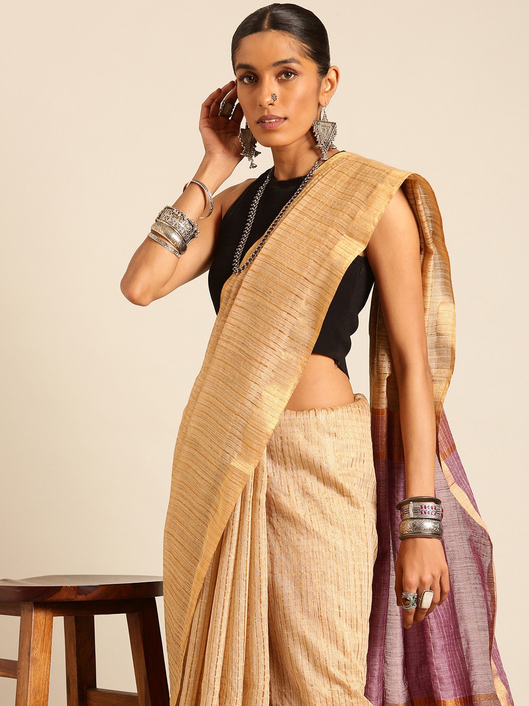 

Taavi Woven Design Handloom Bhagalpuri Saree, Beige