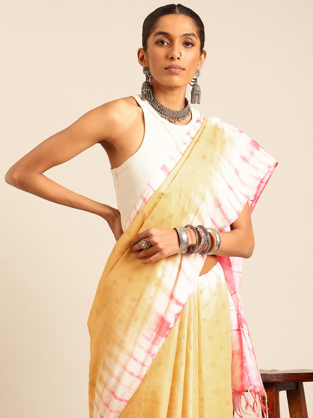 

Taavi Tie & Dye Zari Woven Legacy Bhagalpuri Saree, Cream