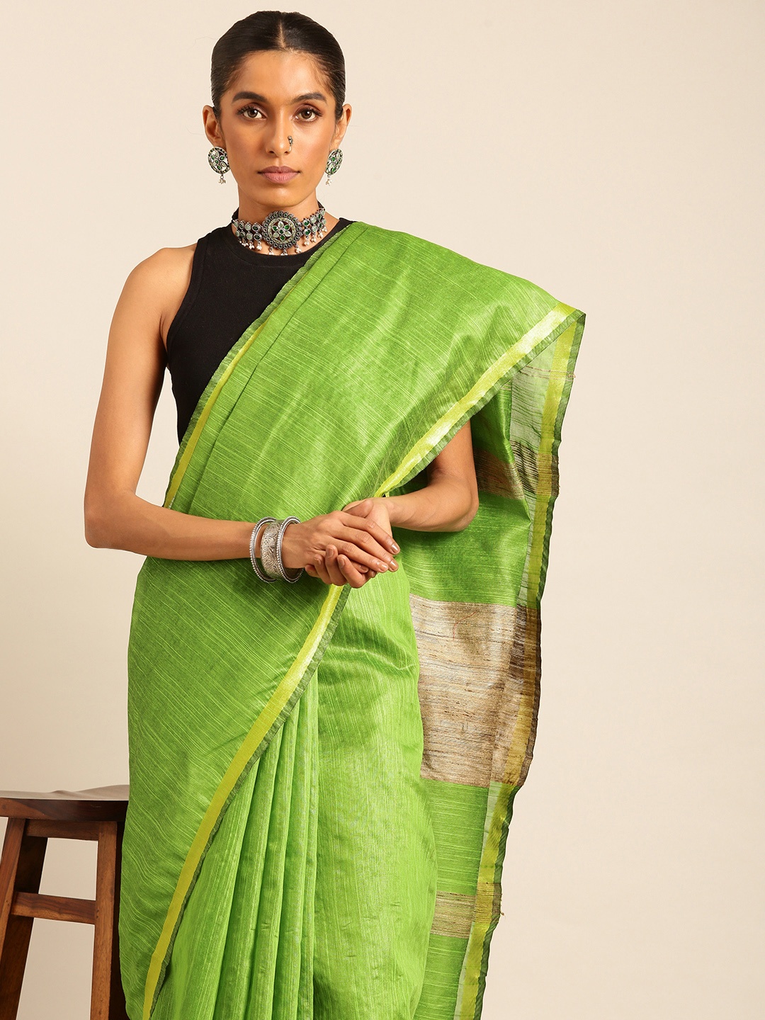 

Taavi Solid Zari Bhagalpuri Saree, Green