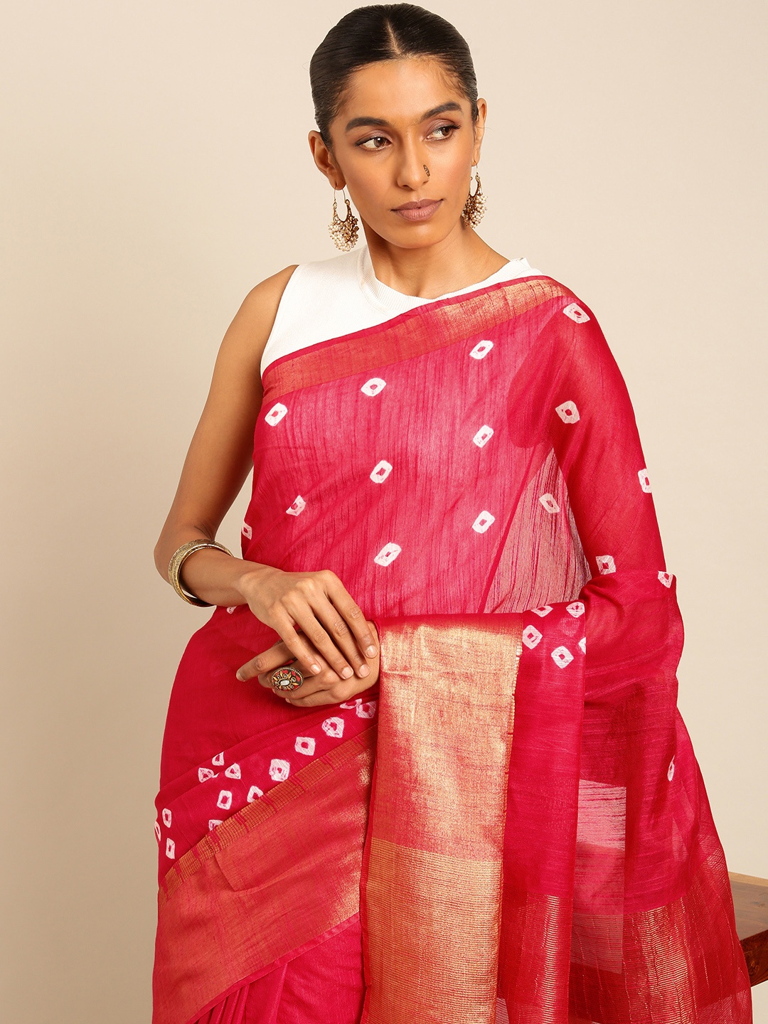 

Taavi Bandhani Saree With Zari Border, Pink