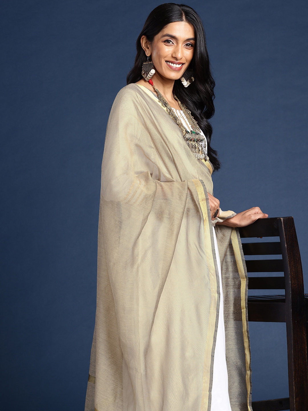 

Taavi Woven Legacy Dupatta with Zari Detail, Beige