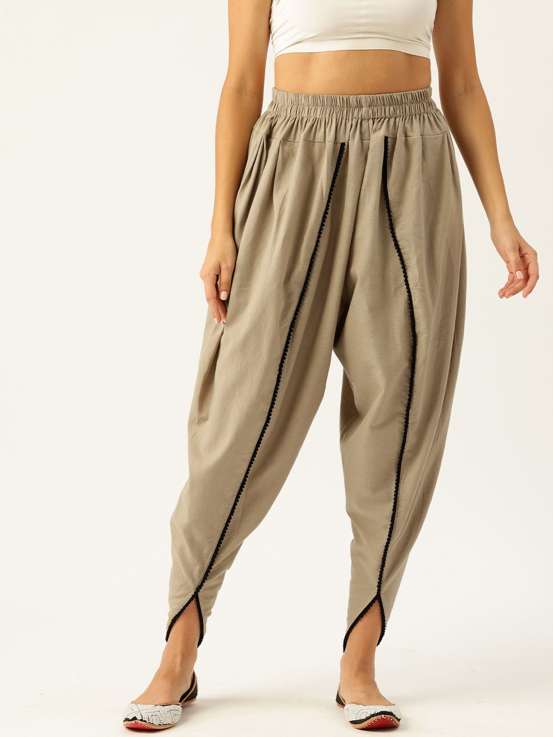 Molcha Loose Fit Pure Cotton Dhoti Salwar With Lace Trim, Beige