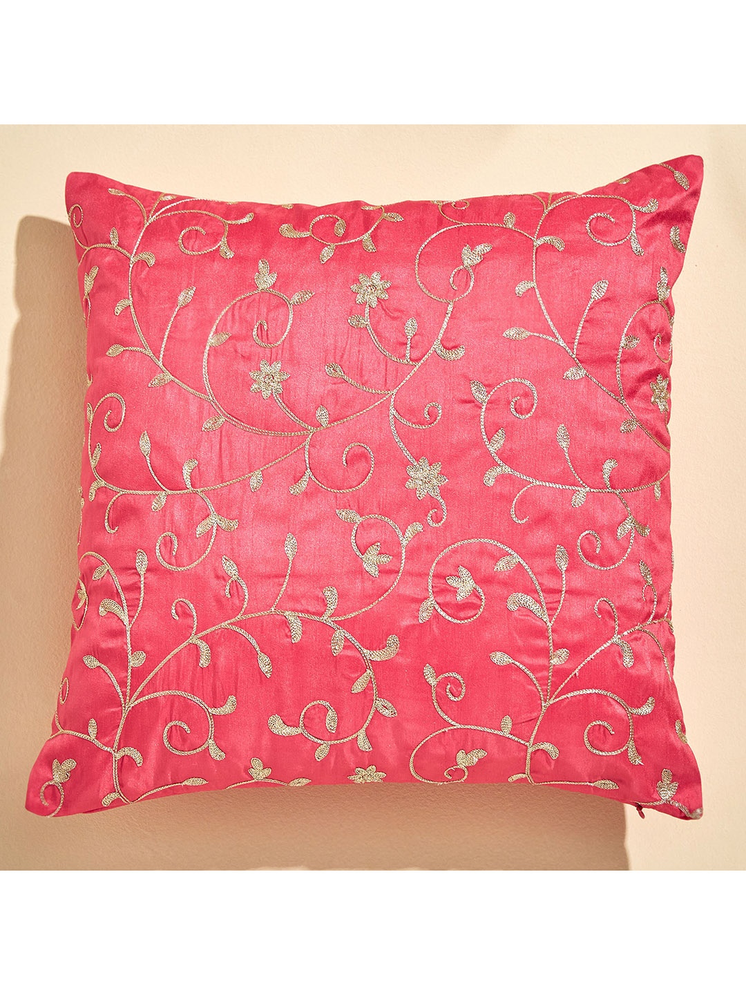 

Home Centre Velour Pink & Gold-Toned Embroidered Square Cushion Cover