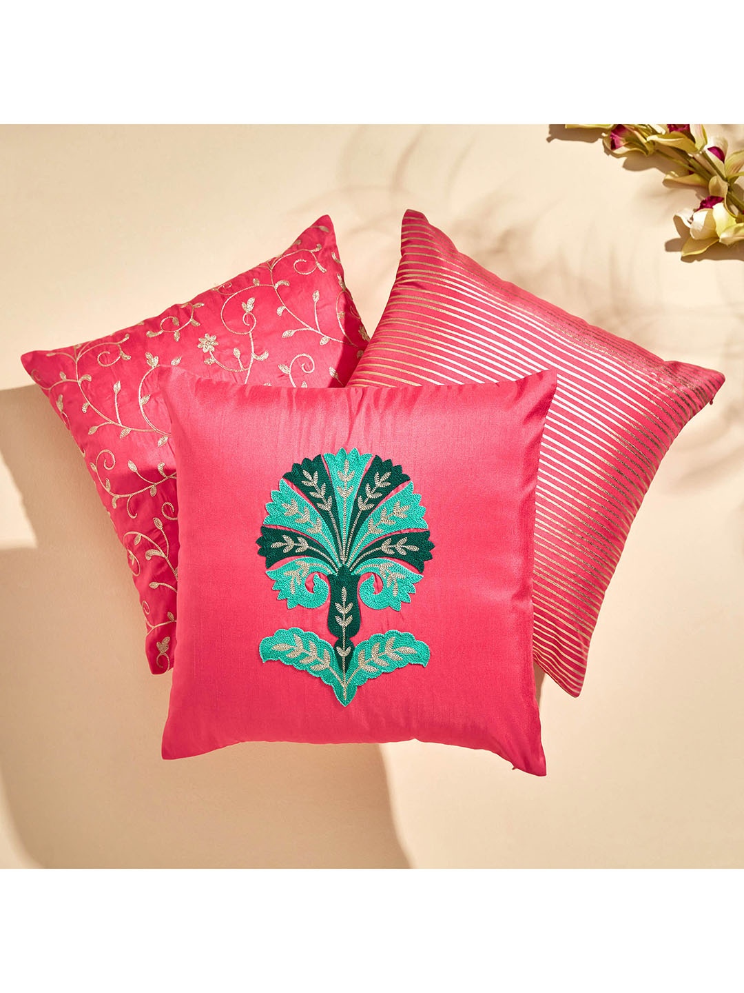 

Home Centre Velour Pink & Gold-Toned Striped Square Cushion Cover