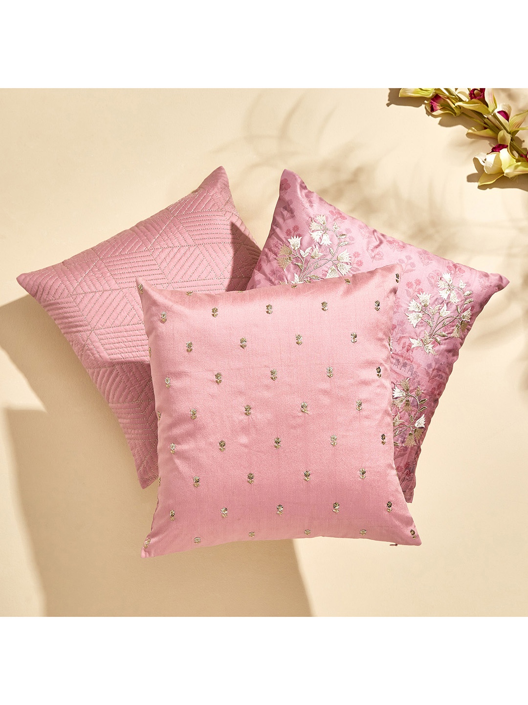 

Home Centre Velour Pink & Gold-Toned Embroidered Square Cushion Cover