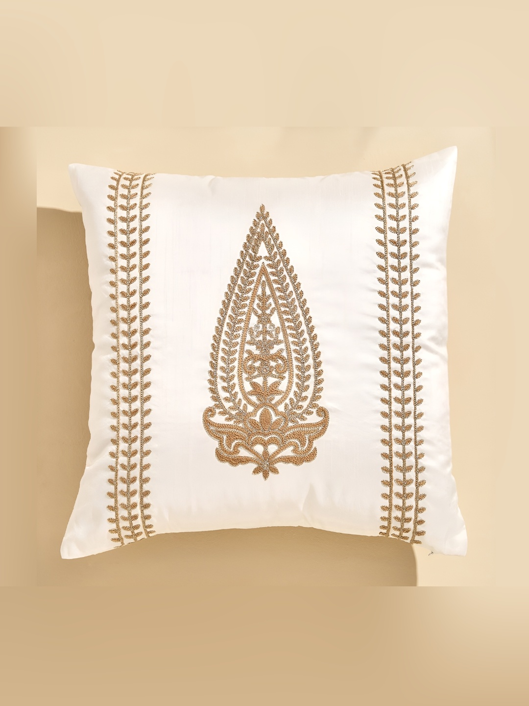 

Home Centre Velour Beige & Gold-Toned Embroidered Square Cushion Cover