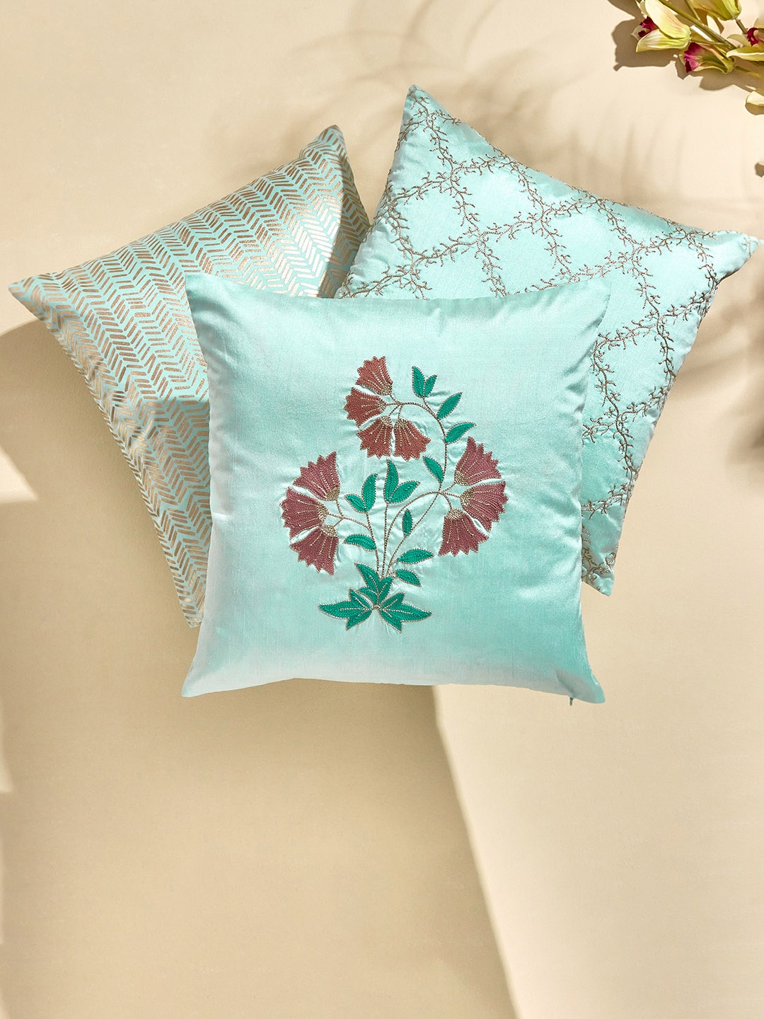 

Home Centre Velour Green & Gold-Toned Geometric Square Cushion Cover