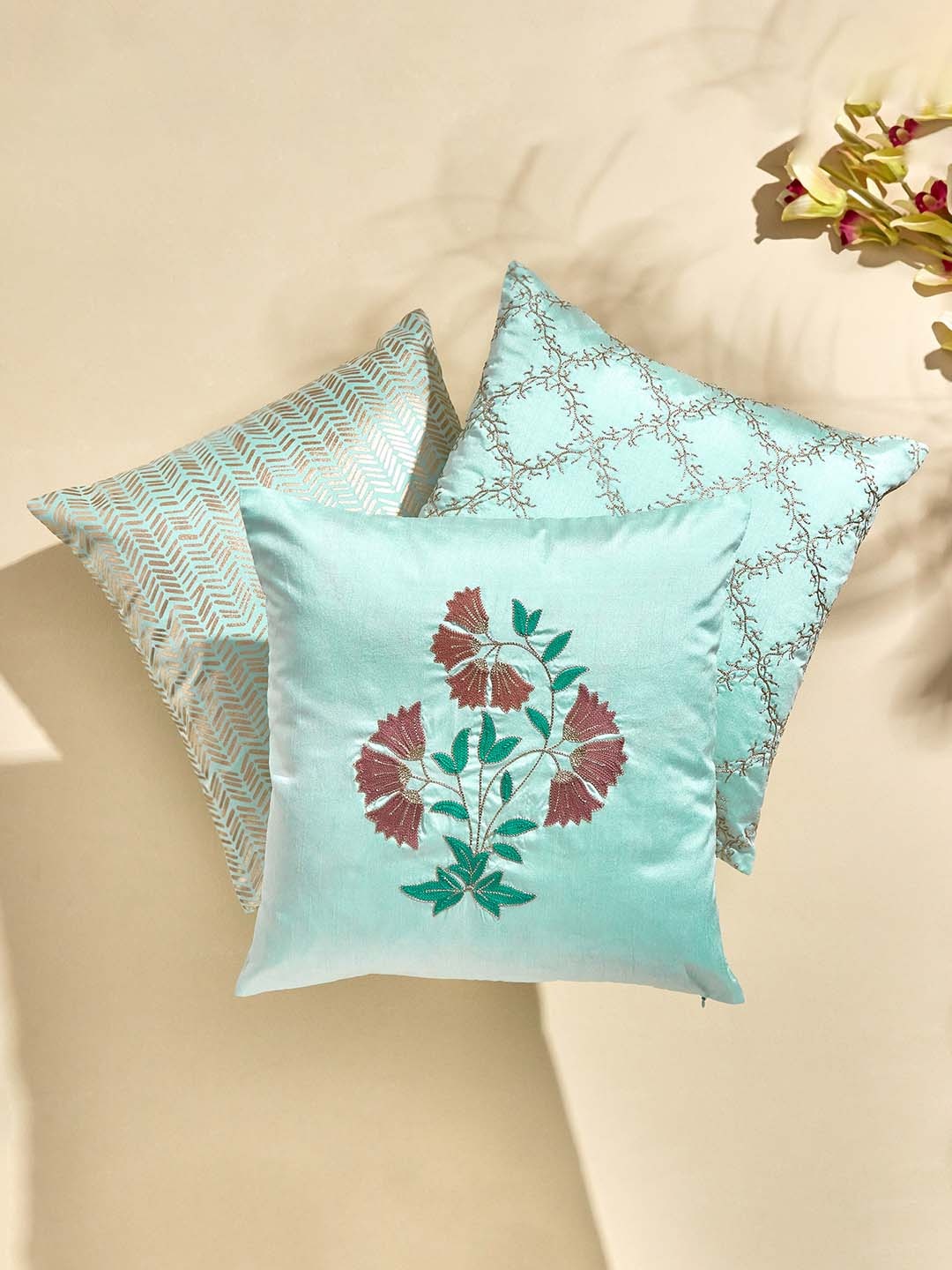 

Home Centre Velour Green & Red Embroidered Square Cushion Cover